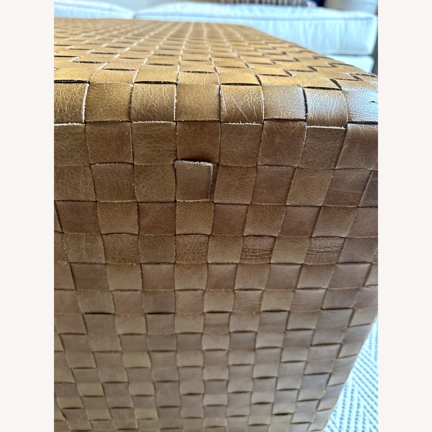 36" Square Camel Leather Woven Ottoman - image-4