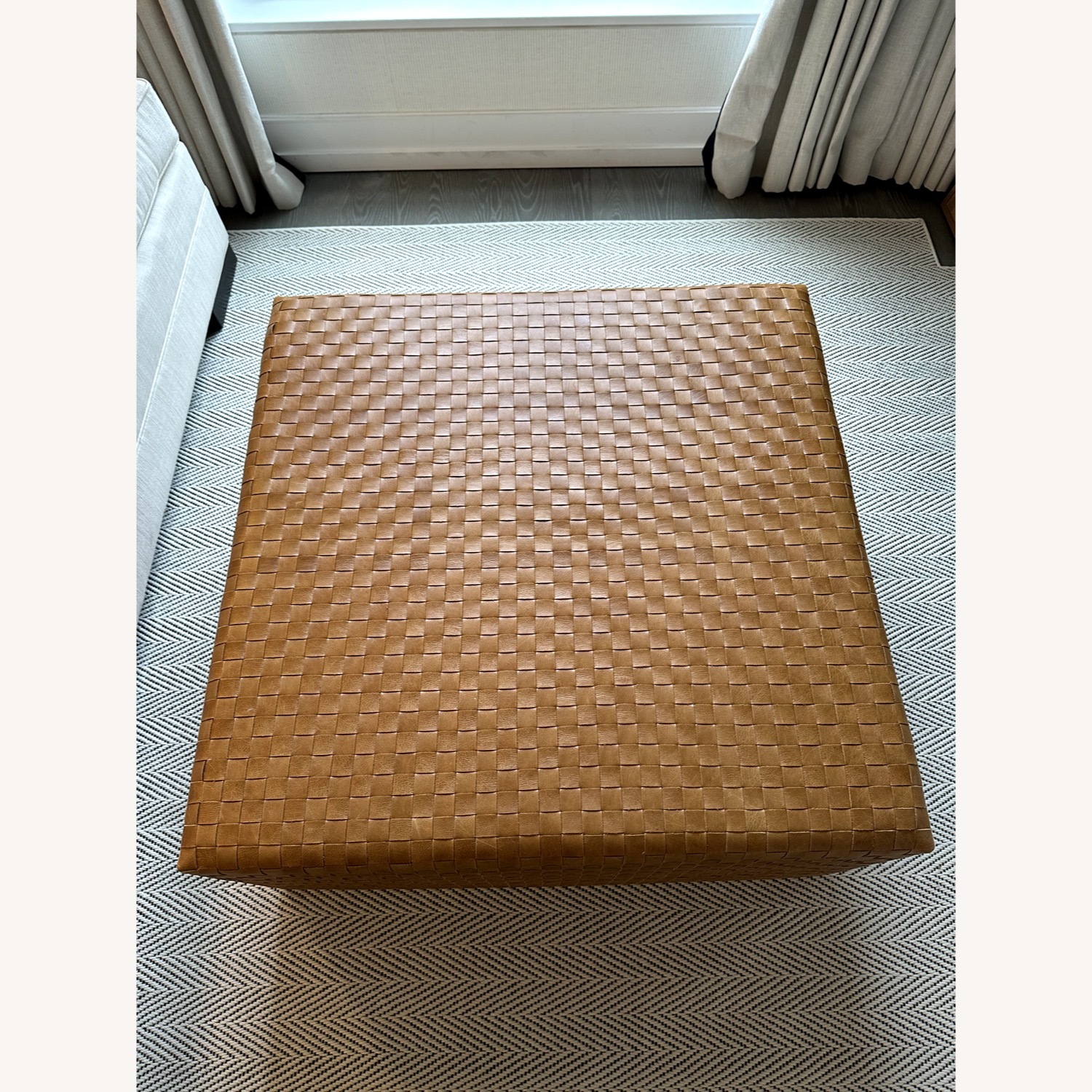 36" Square Camel Leather Woven Ottoman - image-1
