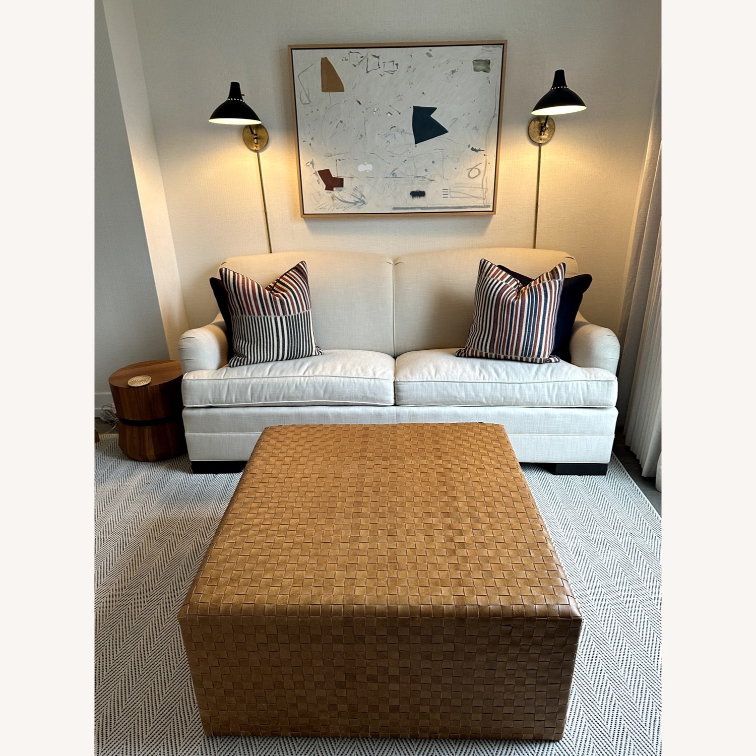 36" Square Camel Leather Woven Ottoman - image-3