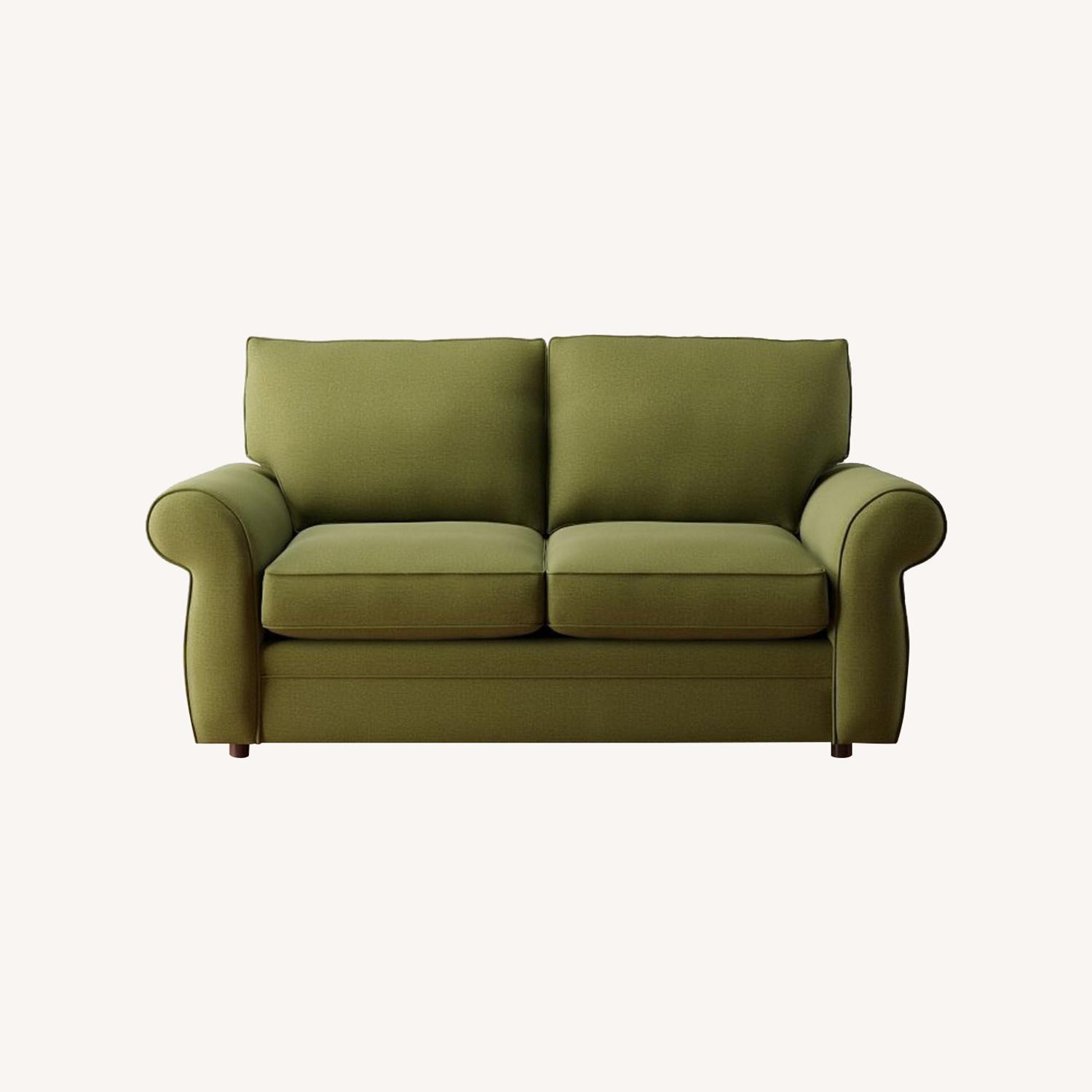Pottery Barn Pearce Green Velvet Loveseat Sofa - image-0