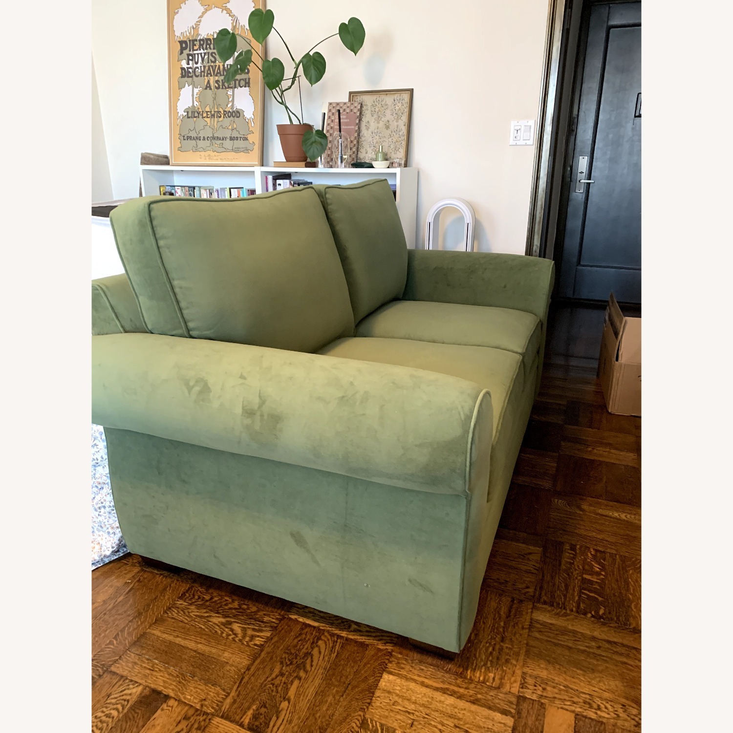 Pottery Barn Pearce Green Velvet Loveseat Sofa - image-2