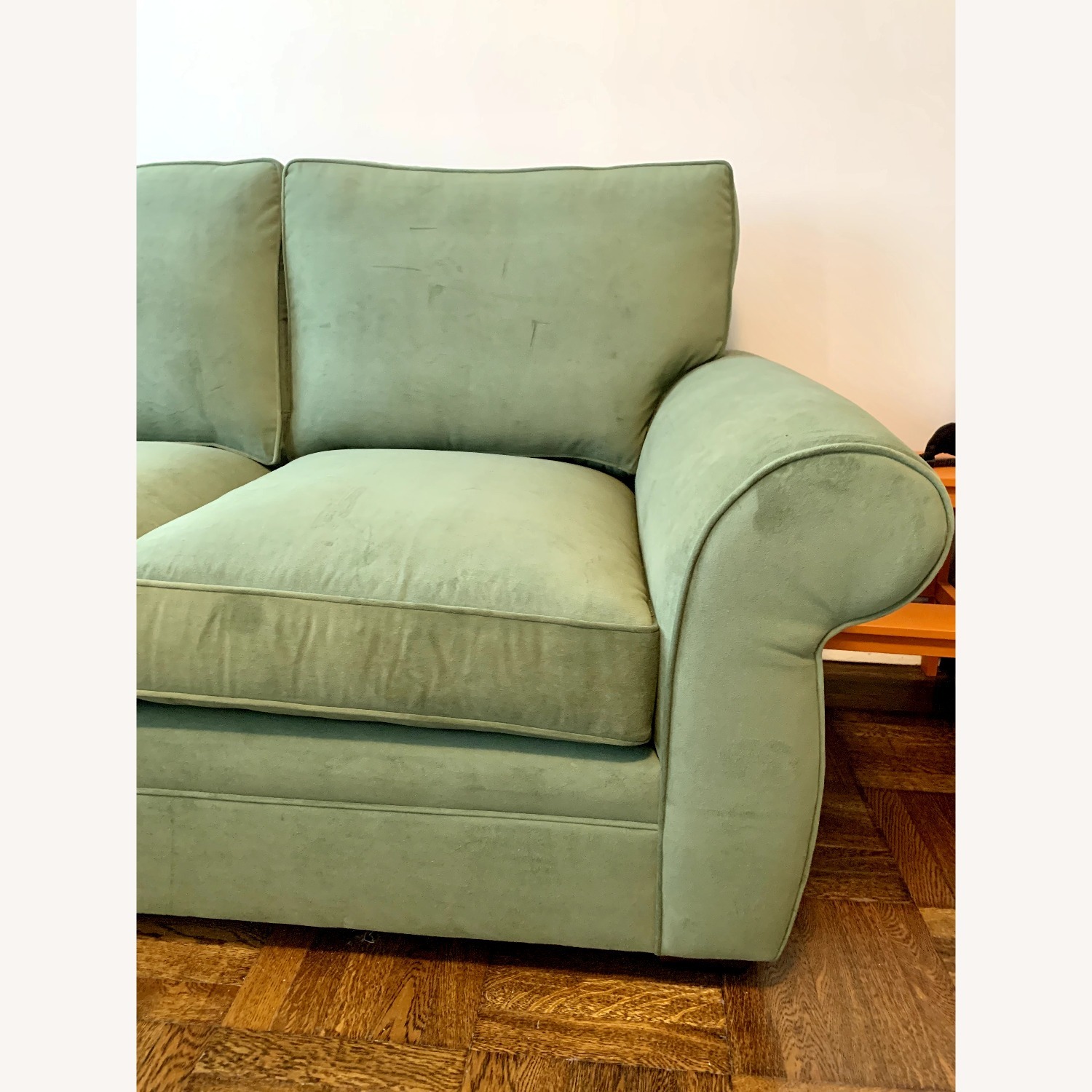 Pottery Barn Pearce Green Velvet Loveseat Sofa - image-1