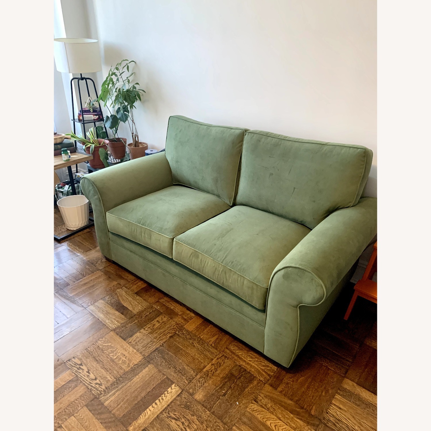 Pottery Barn Pearce Green Velvet Loveseat Sofa - image-4