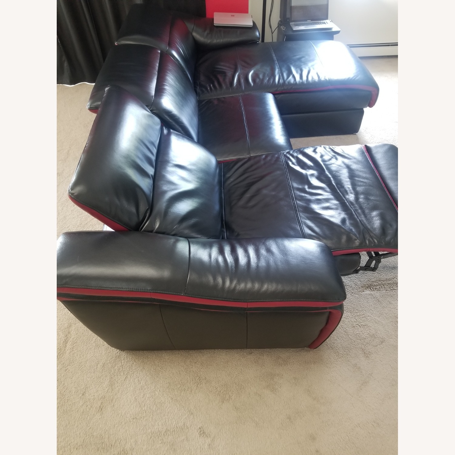 Black Leather Red Accent Sectional Recliner Couch  - image-6