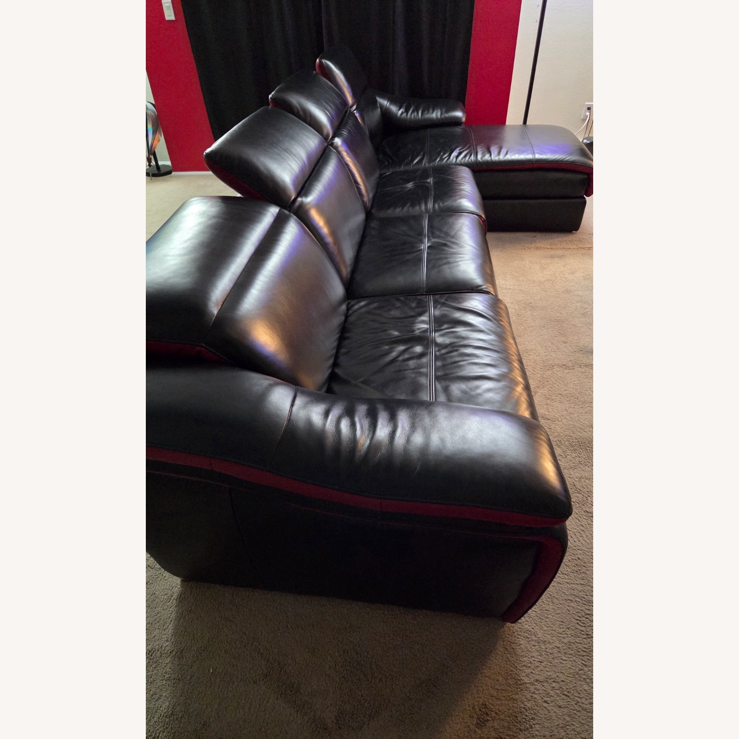 Black Leather Red Accent Sectional Recliner Couch  - image-2