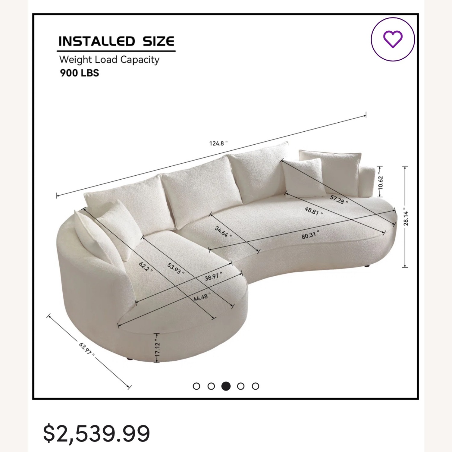  125” Boucle Off White Sectional - image-2