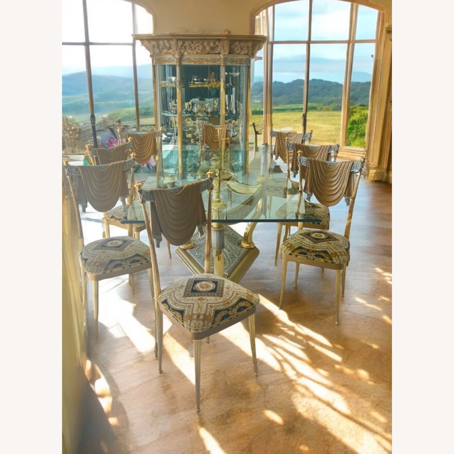 9p Italian GOld metal Dining ROom TabLe Chair Set - image-1