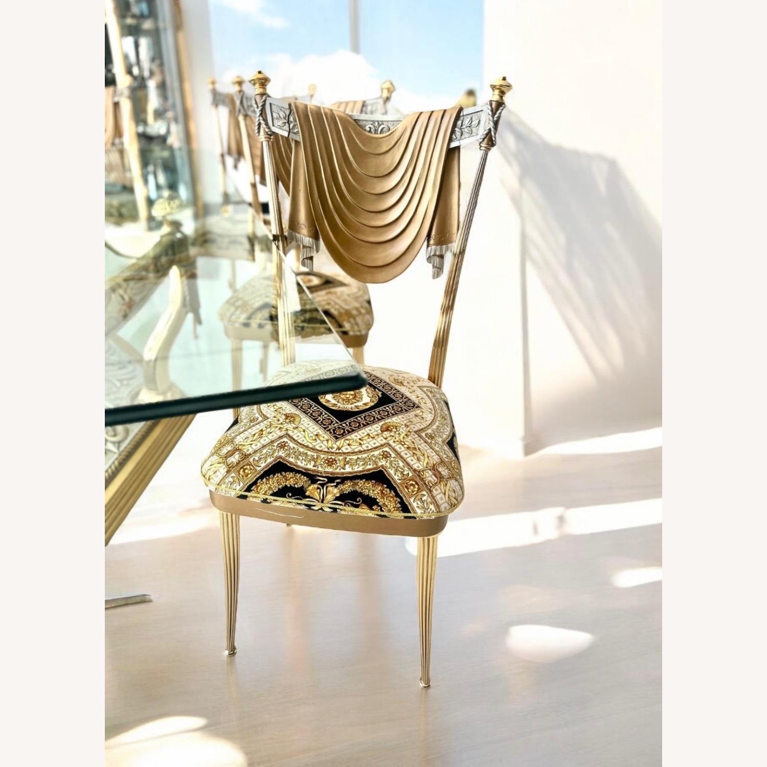 9p Italian GOld metal Dining ROom TabLe Chair Set - image-11