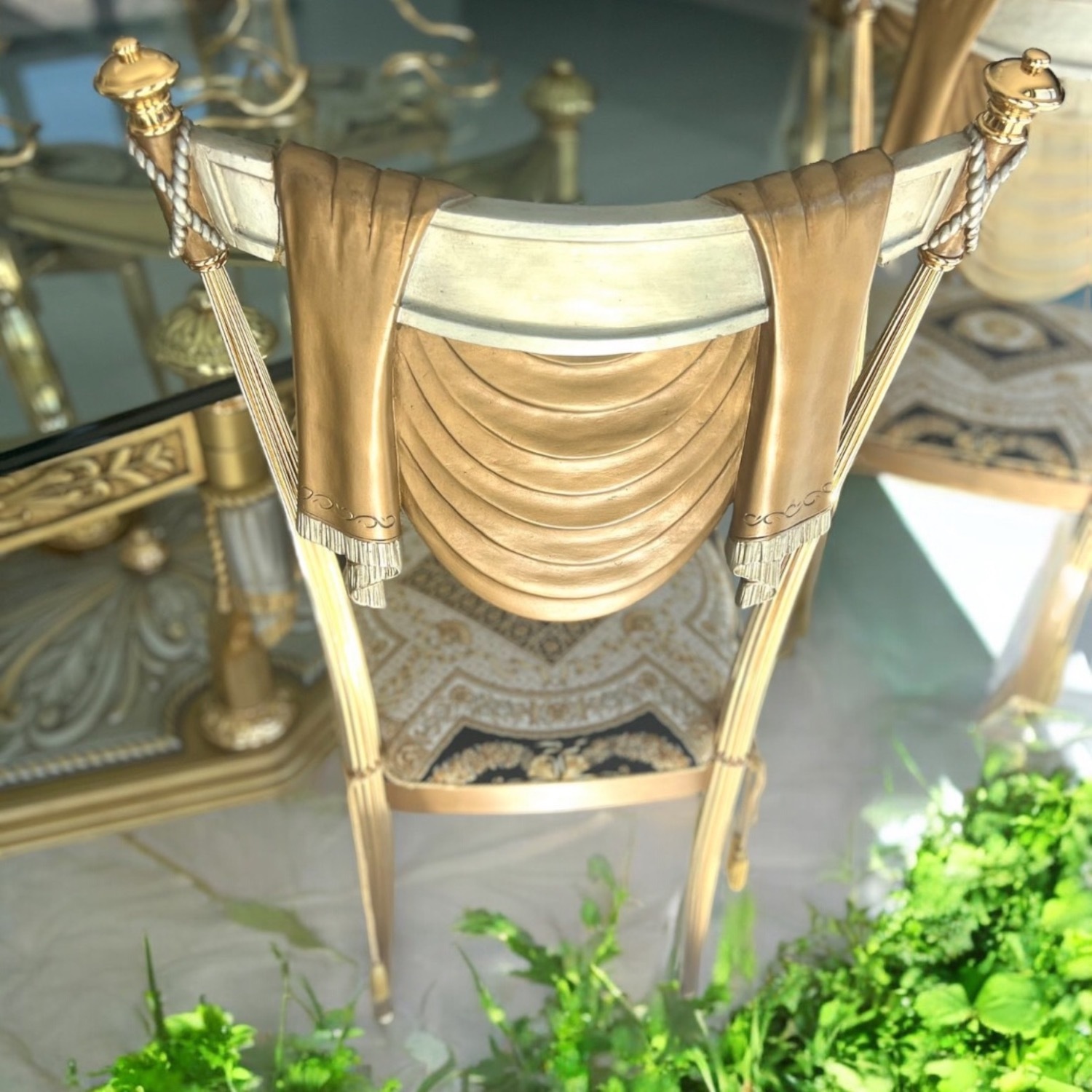 9p Italian GOld metal Dining ROom TabLe Chair Set - image-2