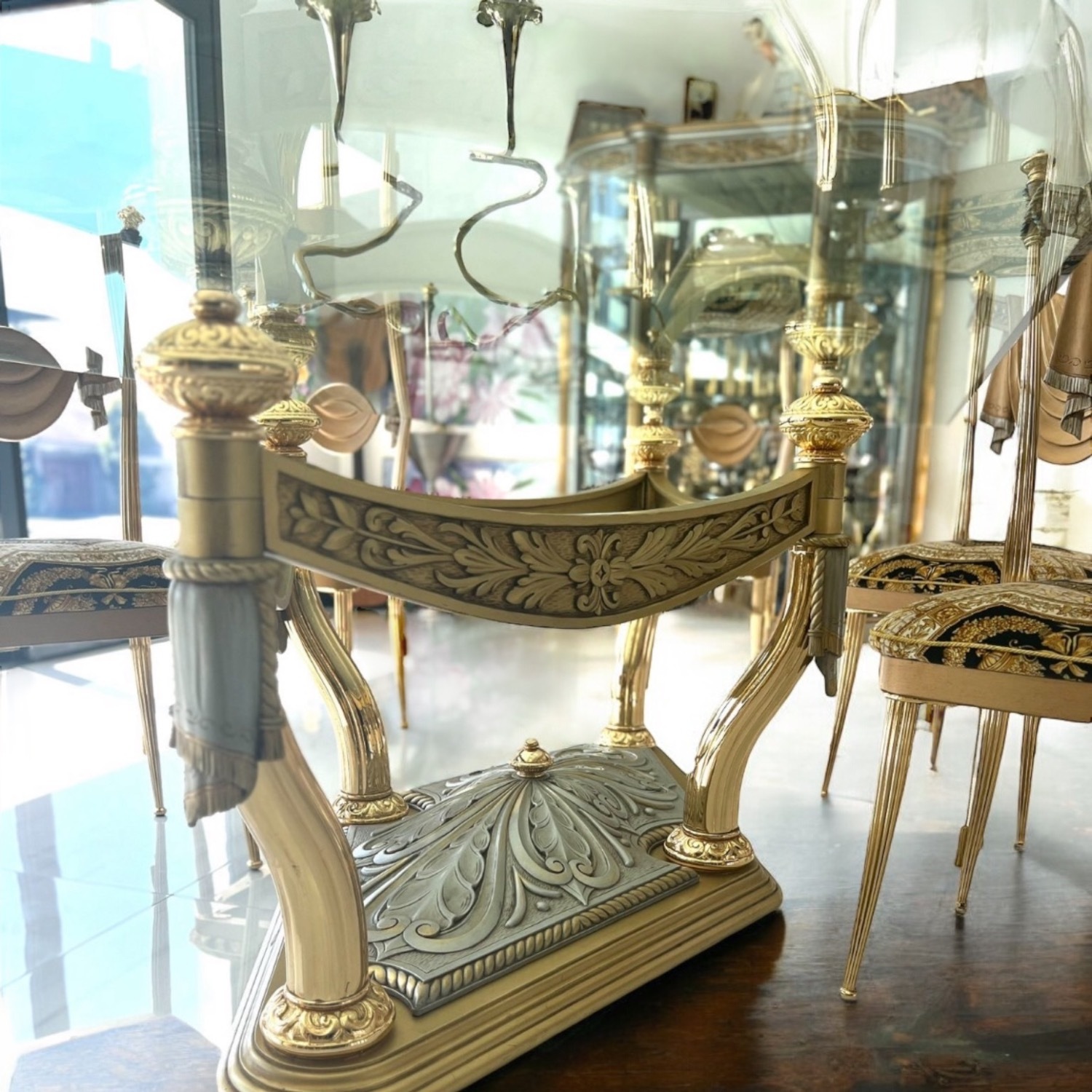 9p Italian GOld metal Dining ROom TabLe Chair Set - image-8