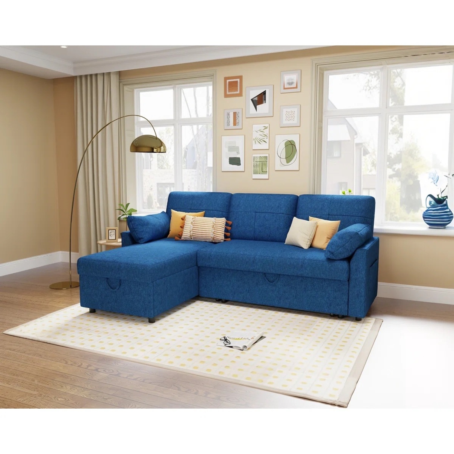 Wade Logan Blue Linen Sleeper Sofa with Storage - image-2