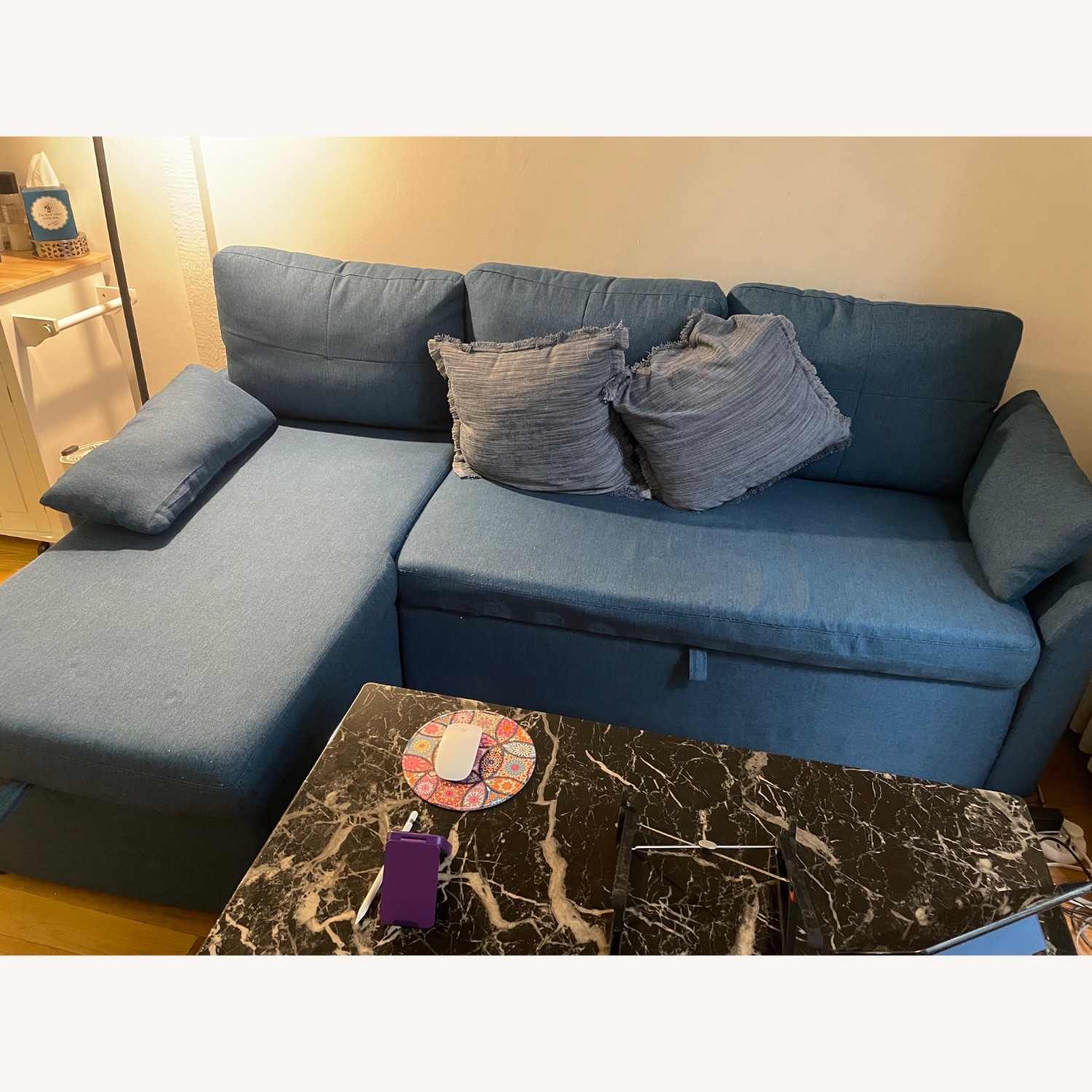 Wade Logan Blue Linen Sleeper Sofa with Storage - image-1