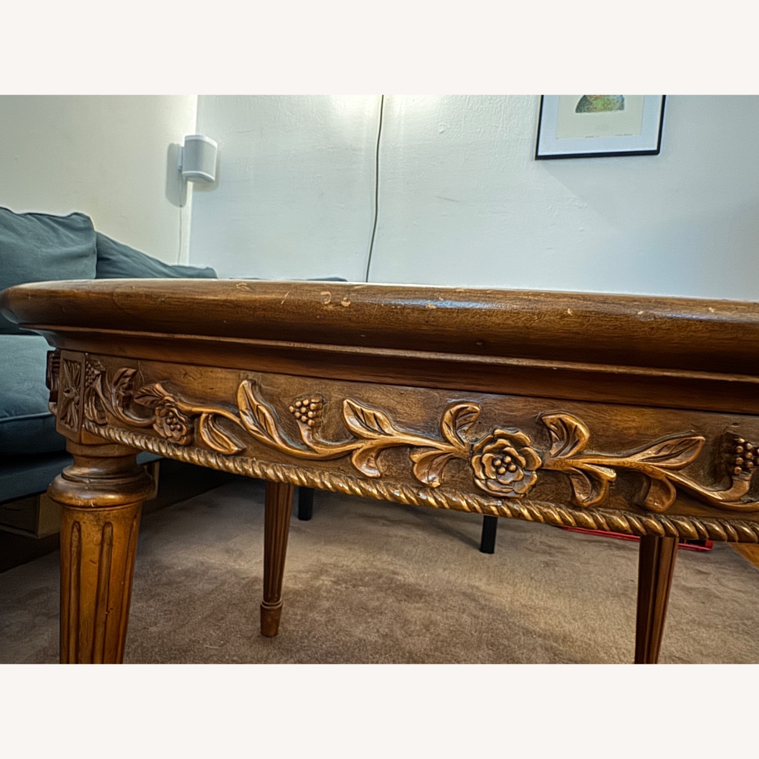 Vintage Carved Wood Coffee Table with Glass Top - image-5
