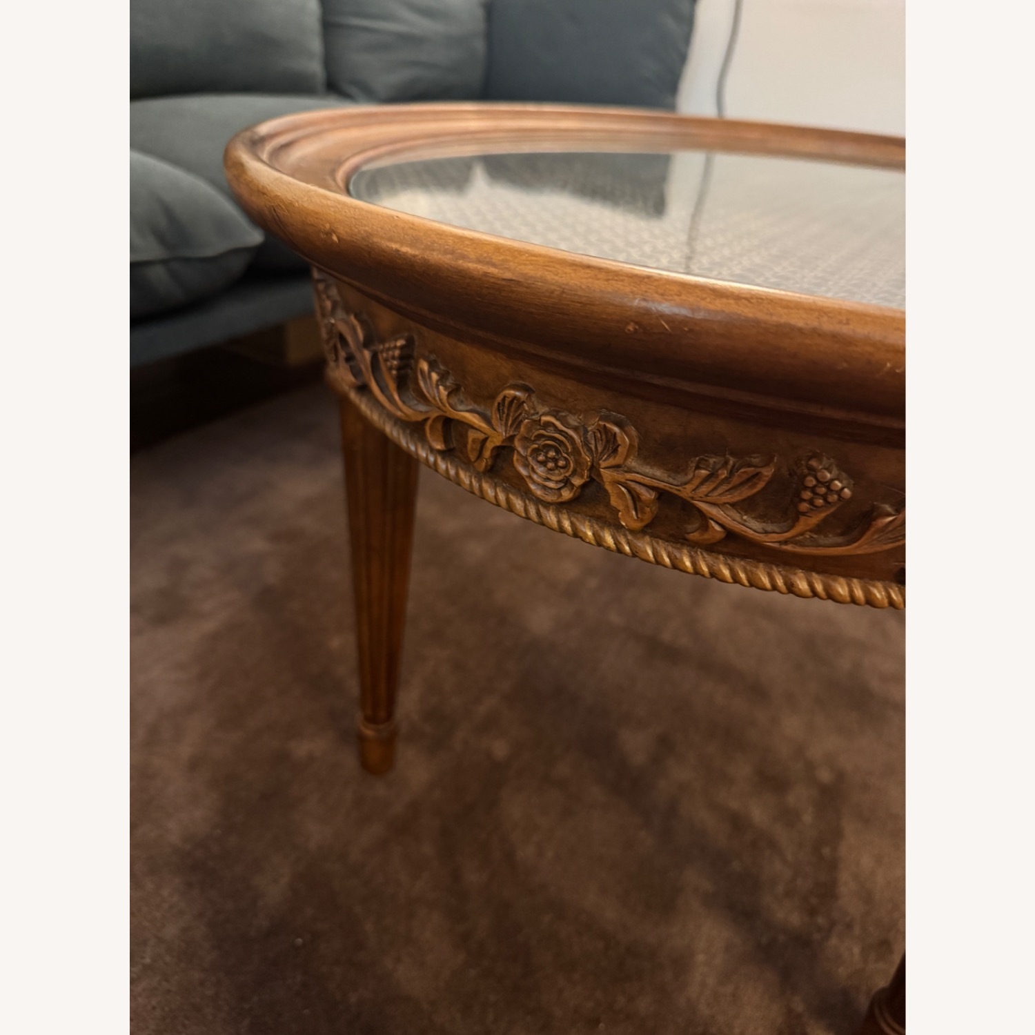 Vintage Carved Wood Coffee Table with Glass Top - image-8