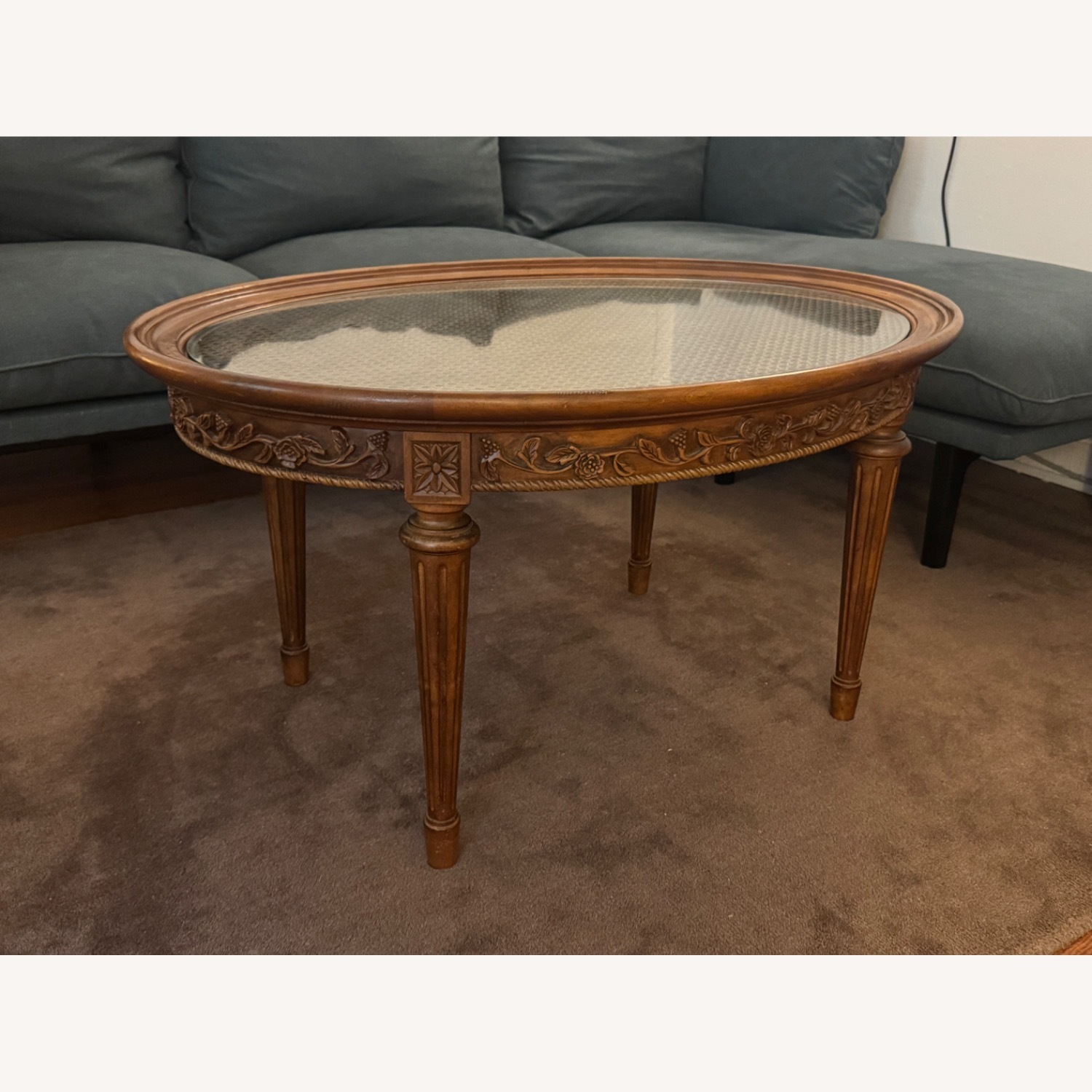 Vintage Carved Wood Coffee Table with Glass Top - image-1