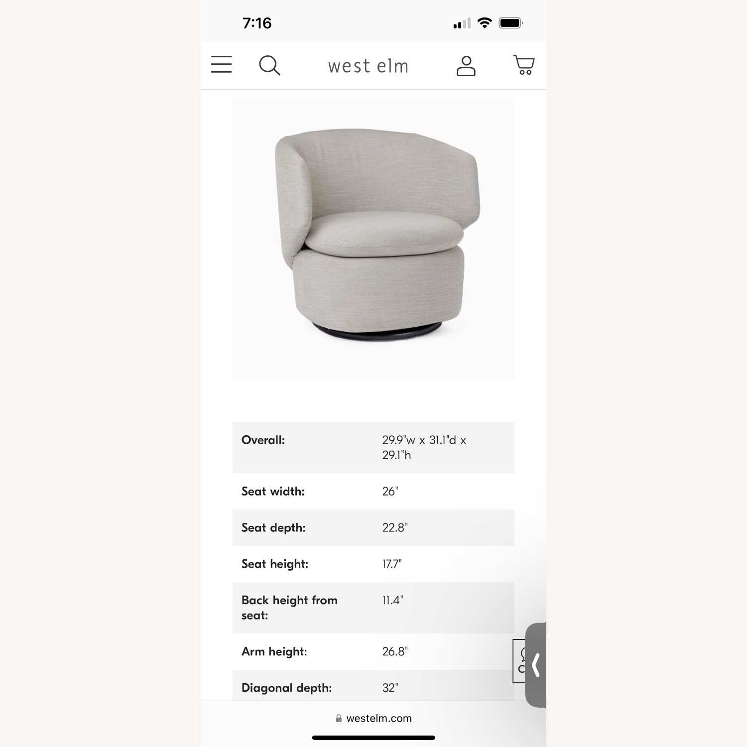 West Elm Crescent Swivel Chair Dove Grey - image-3