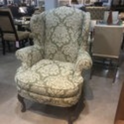 Used Fine Custom Damask Upholstered Wingback Chair  for sale on AptDeco