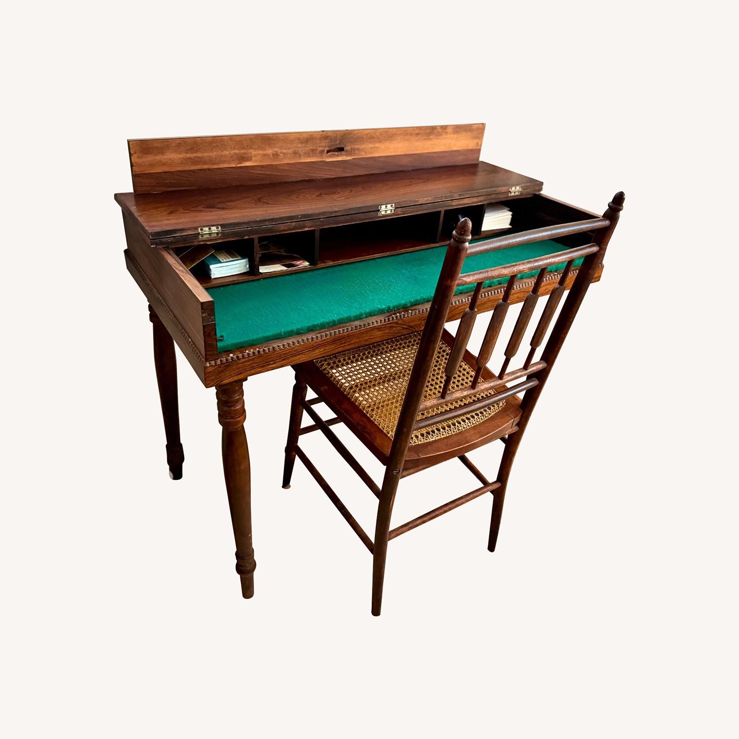 Antique Wood Secretary Desk with Cane Chair - image-0