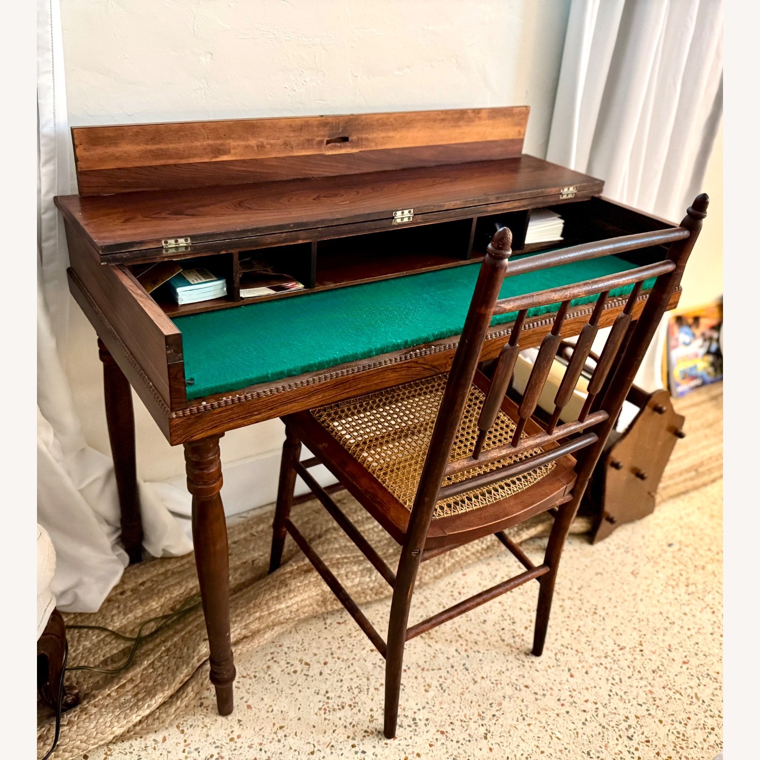 Antique Wood Secretary Desk with Cane Chair - image-1