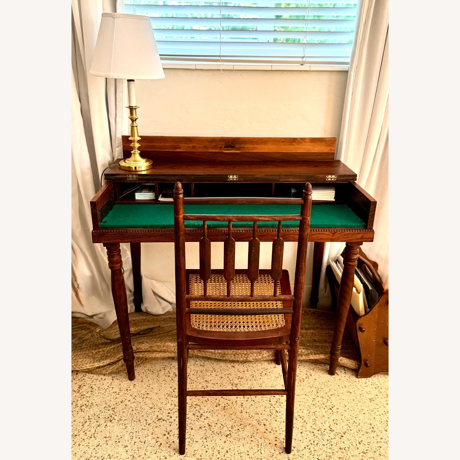 Antique Wood Secretary Desk with Cane Chair - image-8