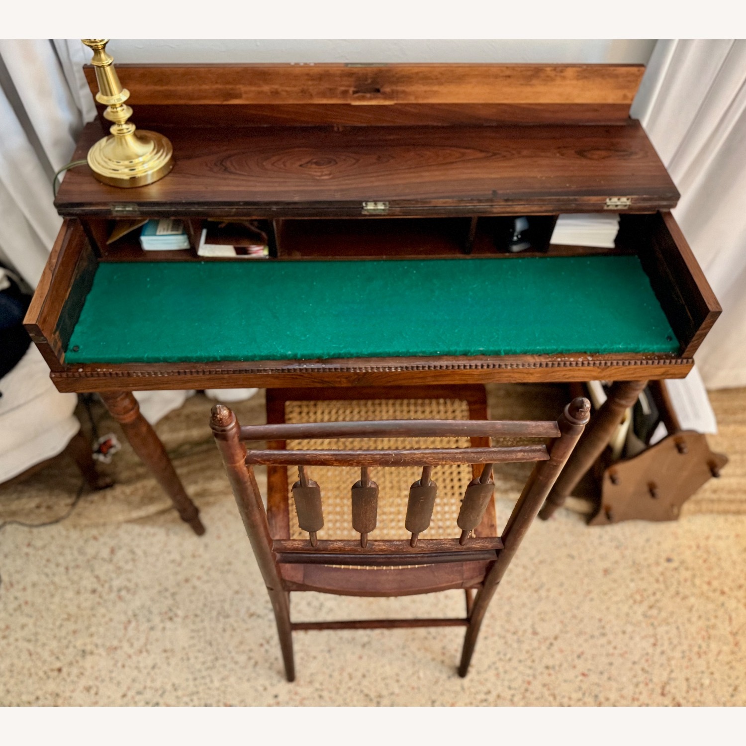 Antique Wood Secretary Desk with Cane Chair - image-7