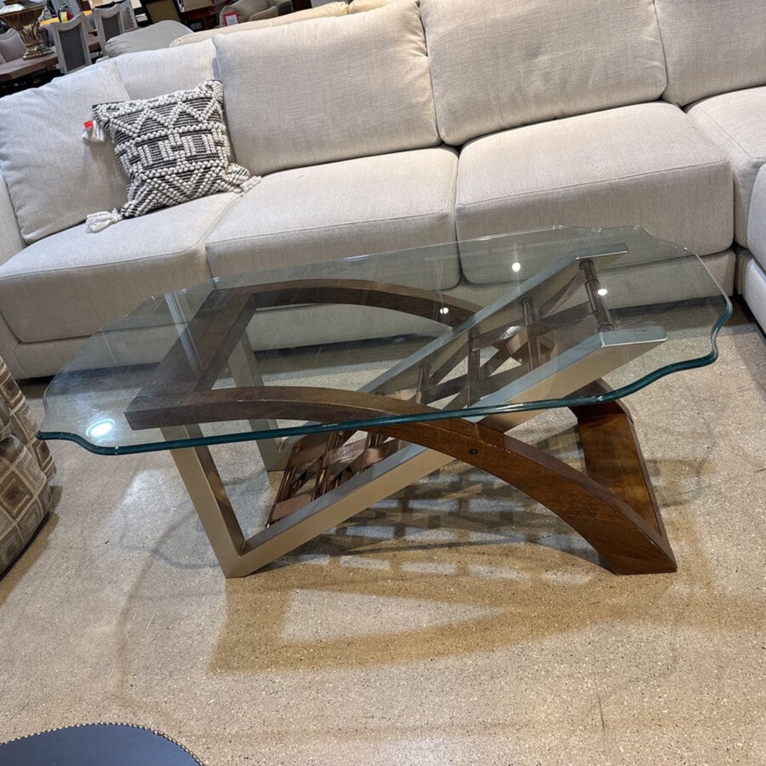 Retro Wood & Chrome Base w Glass Top Coffee Table - image-3