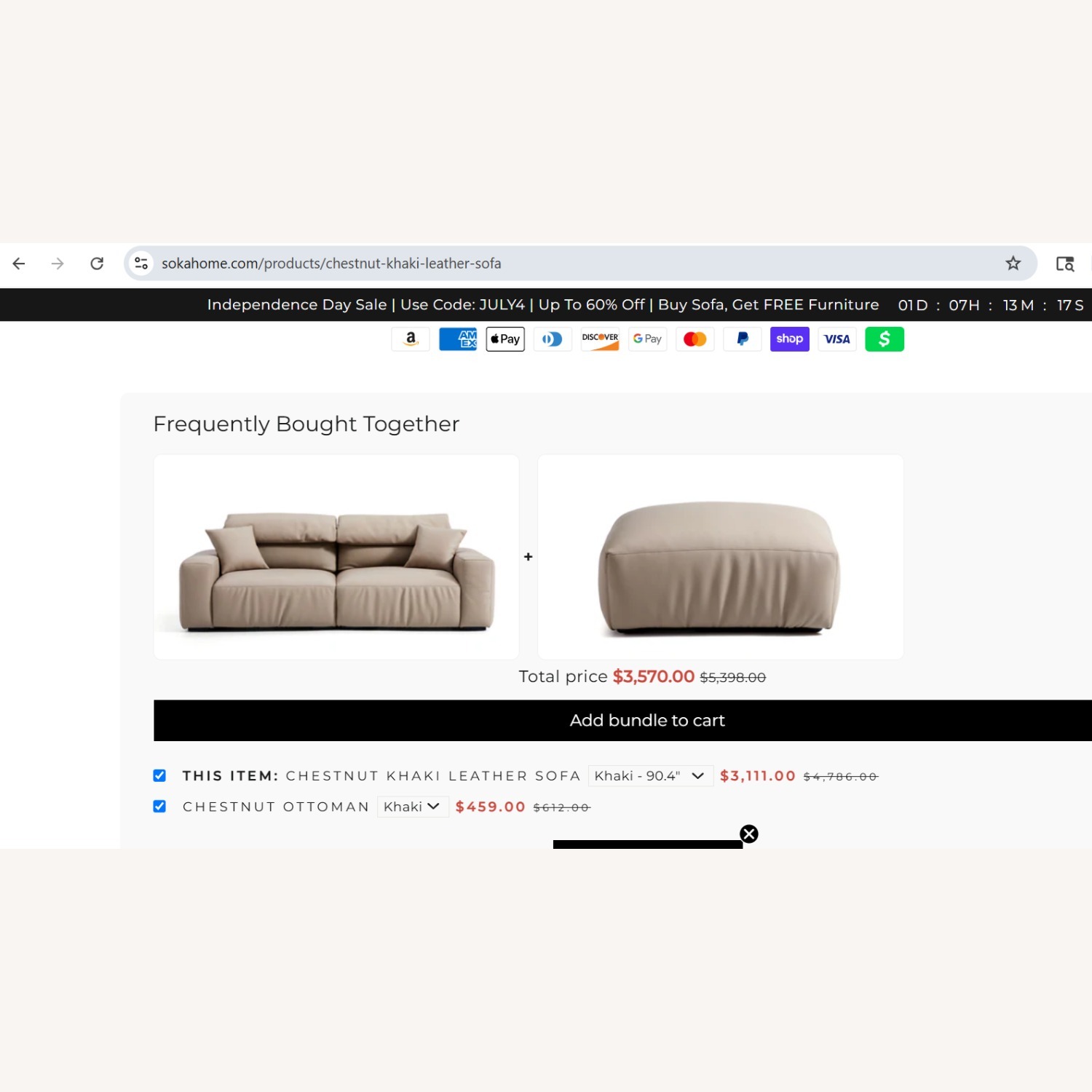 Chestnut Khaki Leather Sofa and Ottoman - image-6