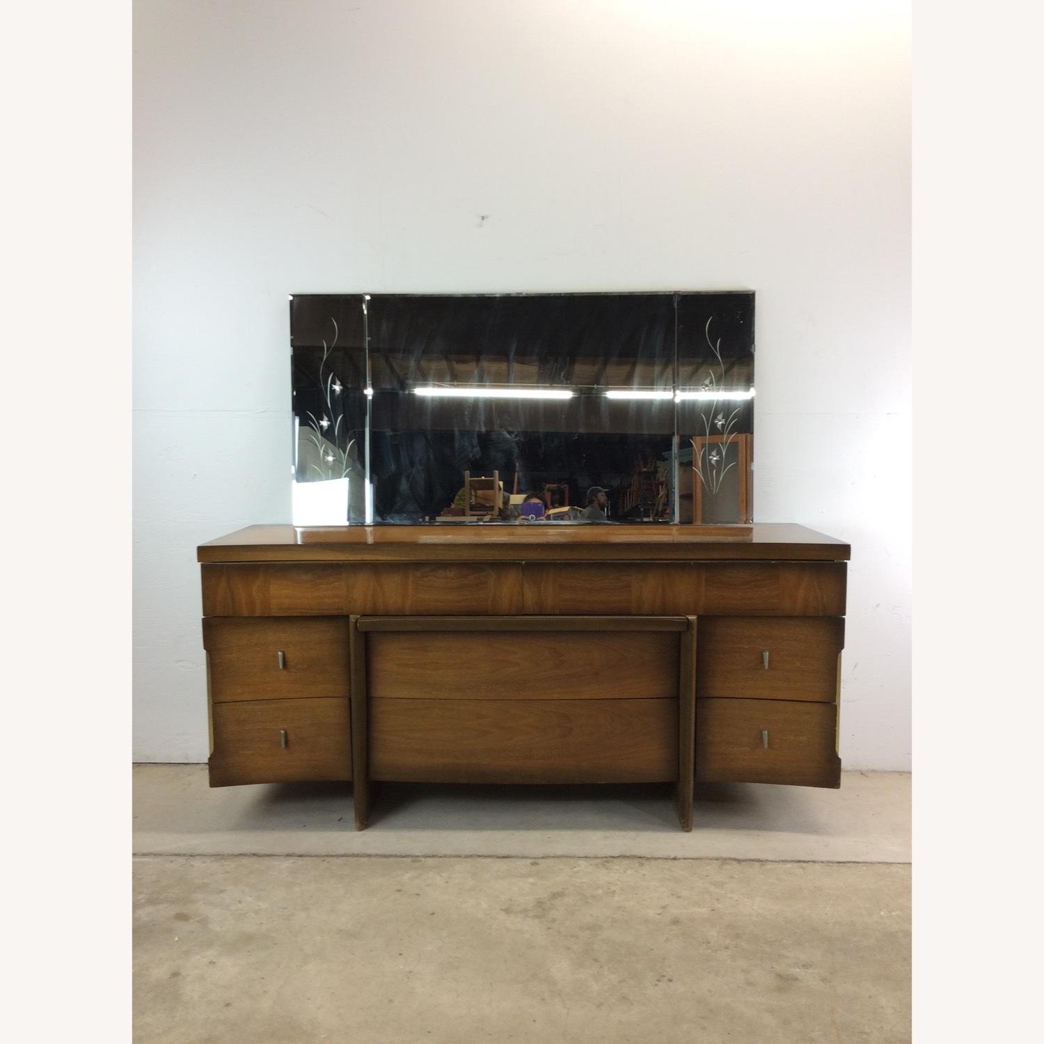 Mid Century Lowboy Dresser with Sled Legs & Mirror - image-1