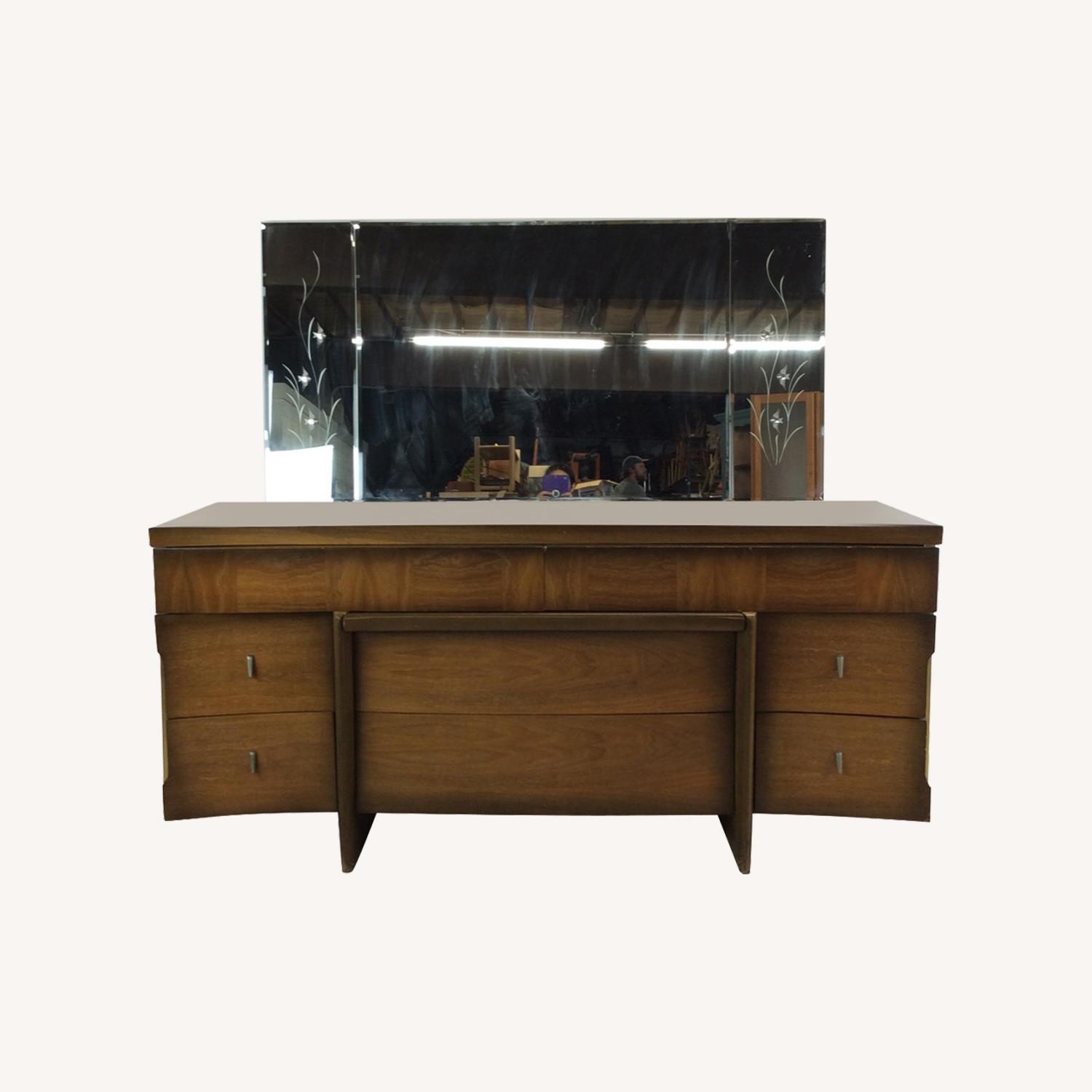 Mid Century Lowboy Dresser with Sled Legs & Mirror - image-0