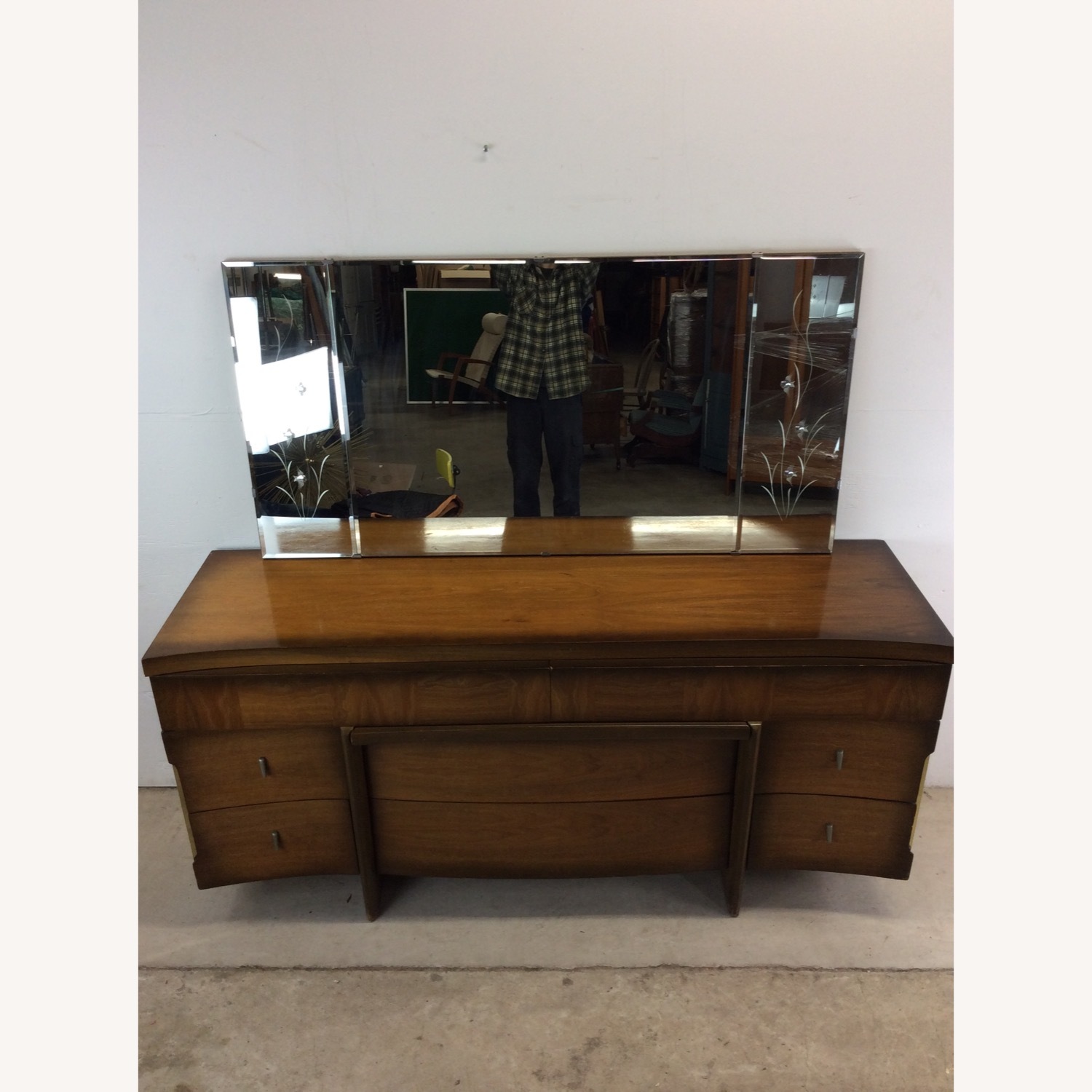 Mid Century Lowboy Dresser with Sled Legs & Mirror - image-9