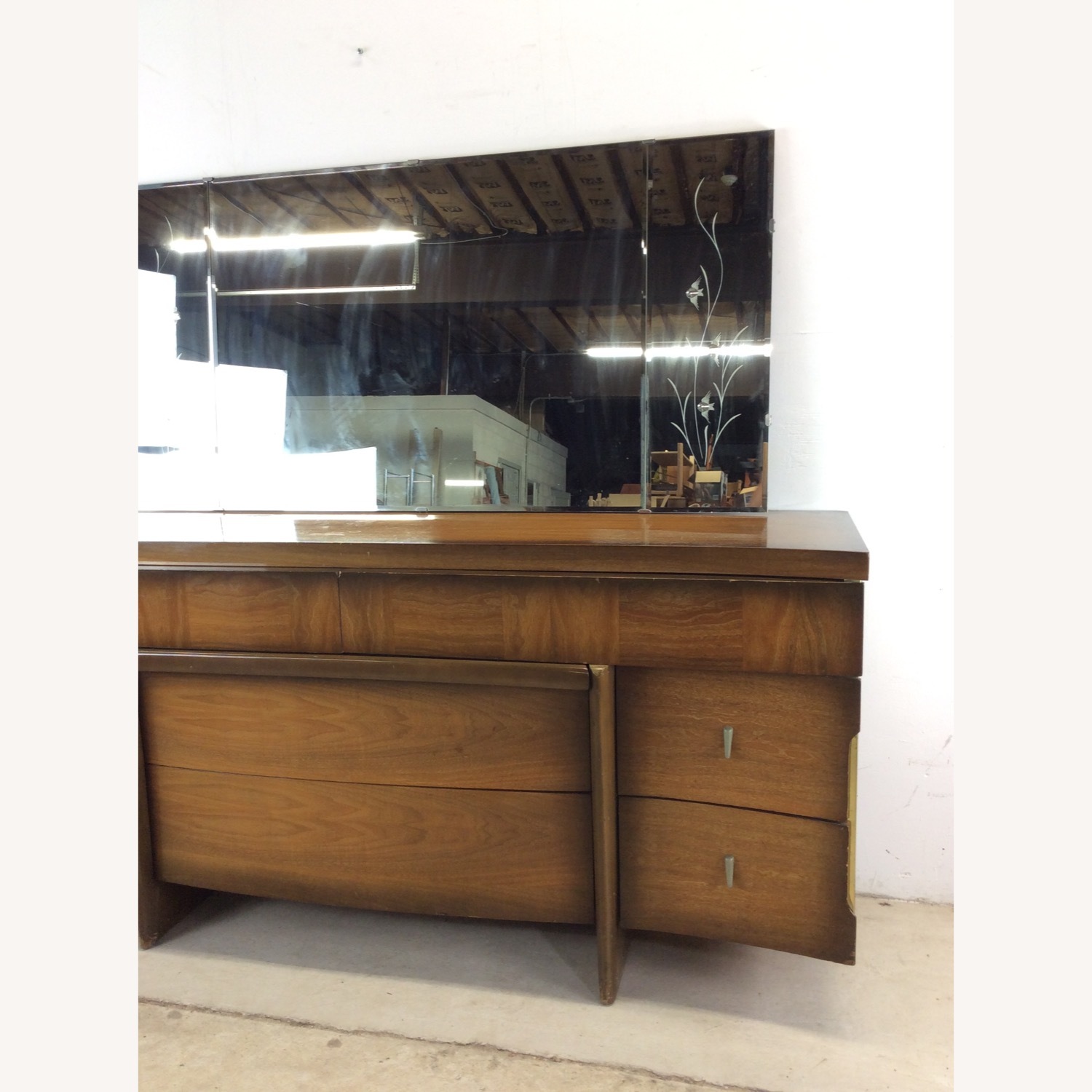 Mid Century Lowboy Dresser with Sled Legs & Mirror - image-3