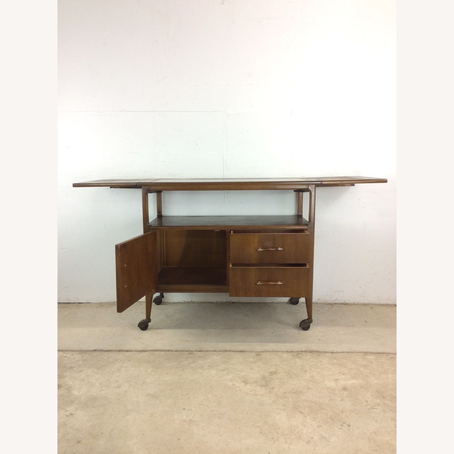 Mid Century Drop Leaf Bar Cart with 2 Drawers - image-15