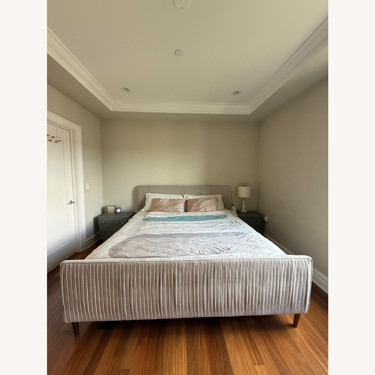 West Elm King Size Bed in Luster Velvet, Stone - image-1