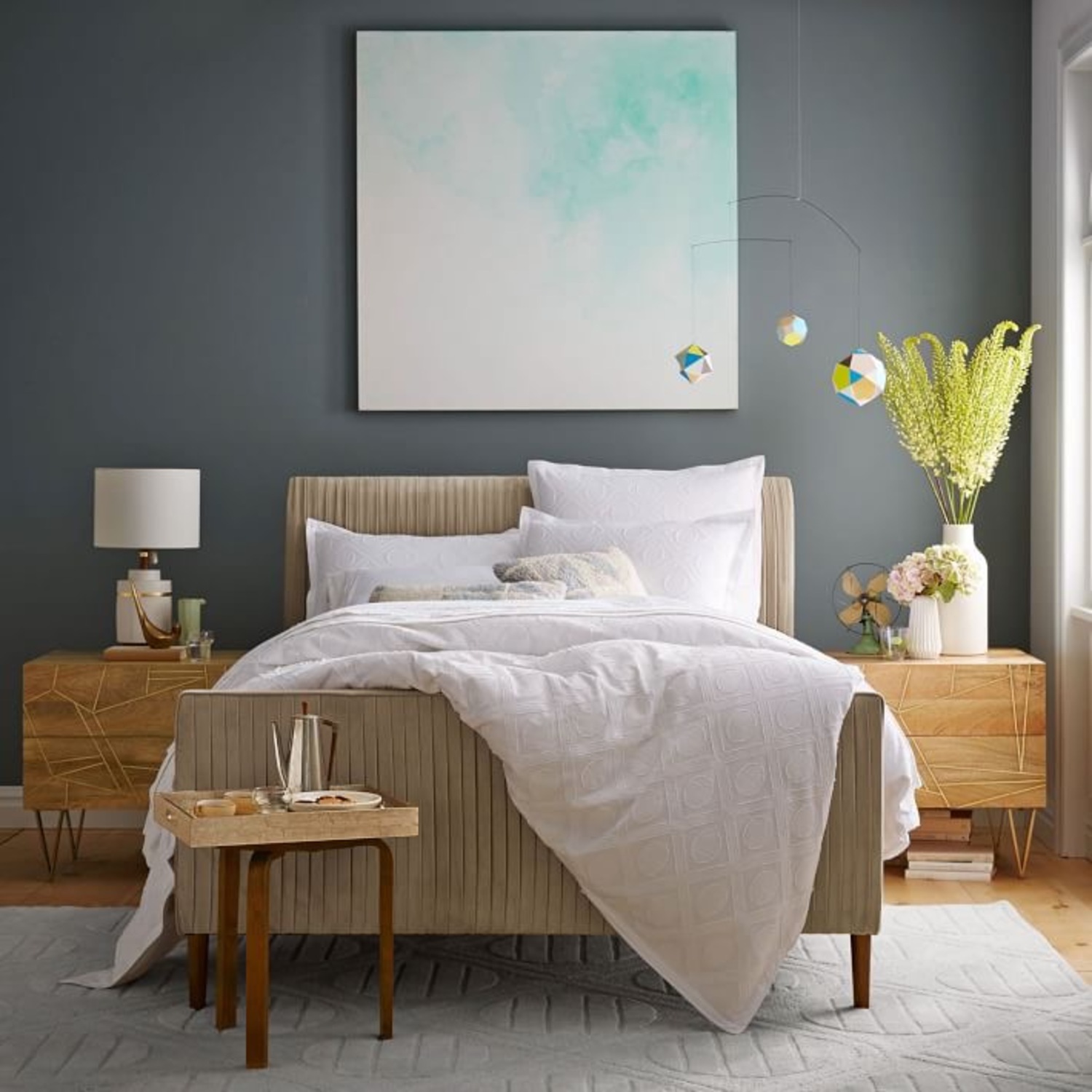 West Elm King Size Bed in Luster Velvet, Stone - image-6