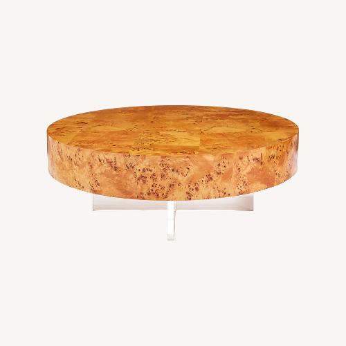 Used Bond Burl Wood Coffee Table Lucite Base  for sale on AptDeco