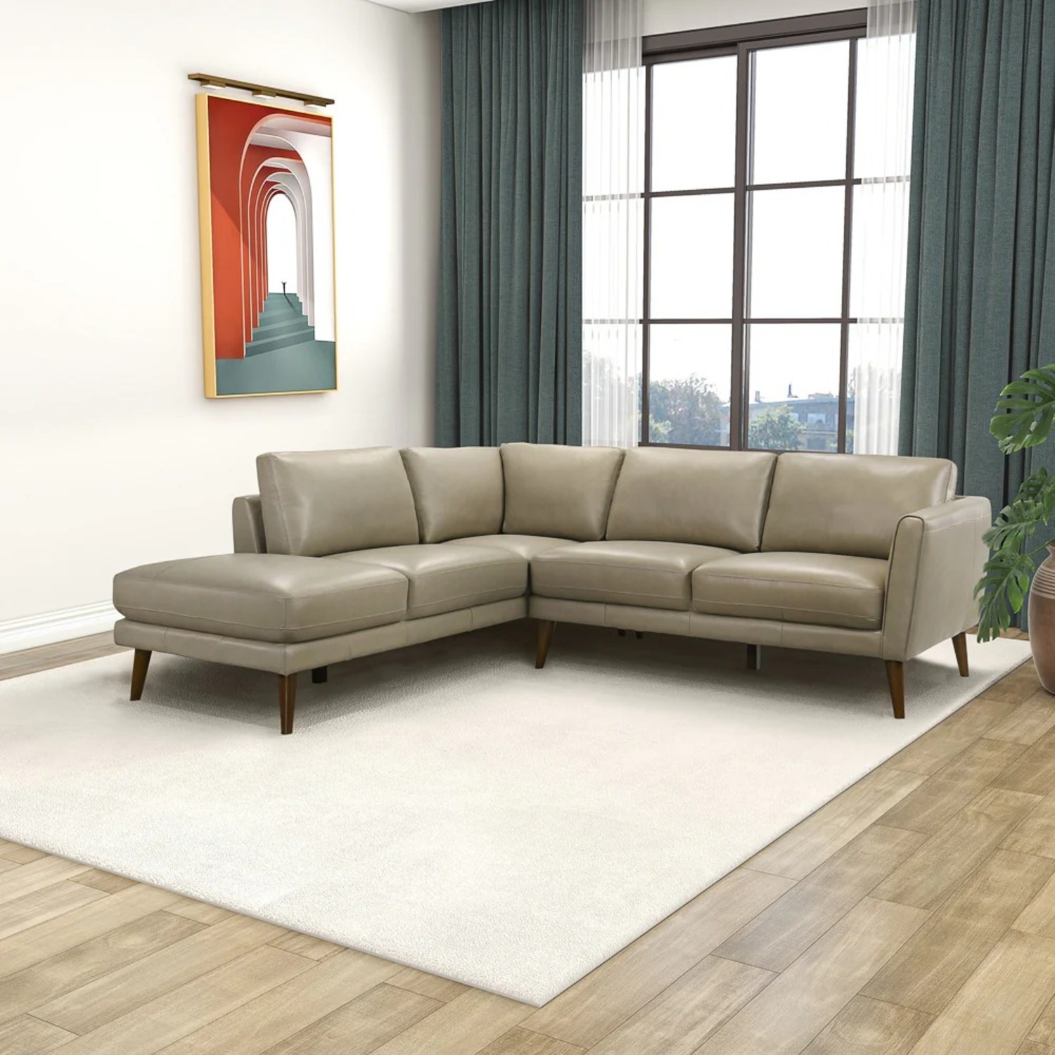 Bexley Beige Leather Sectional Sofa Left - image-1