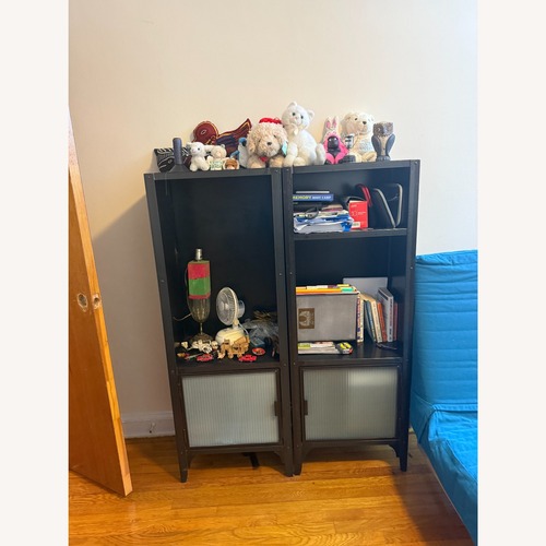 Used HeavyDuty Metal/Glass Shelves & Media Console Set for sale on AptDeco