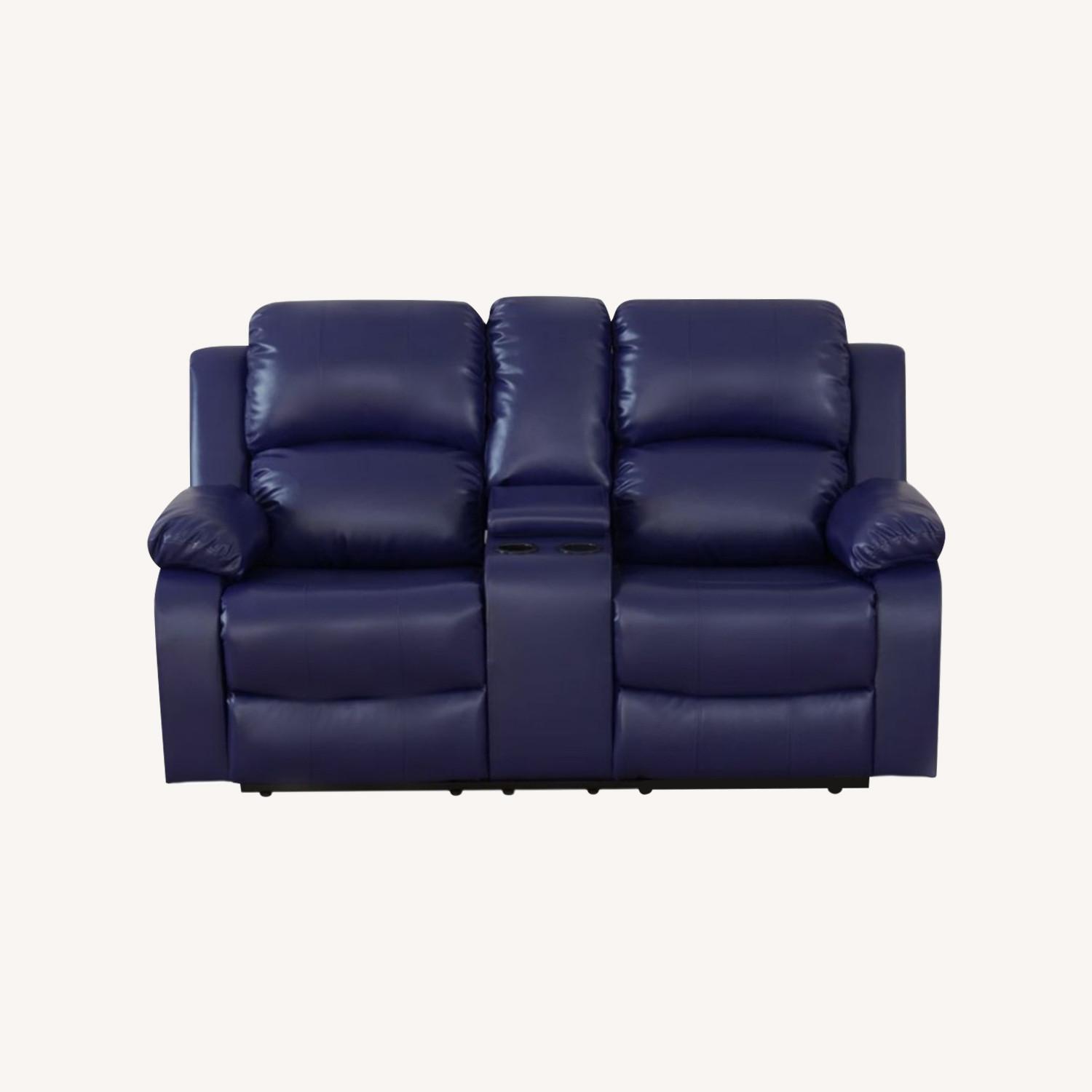 Blue Leather Recline Couch W/Cup Holder - image-0