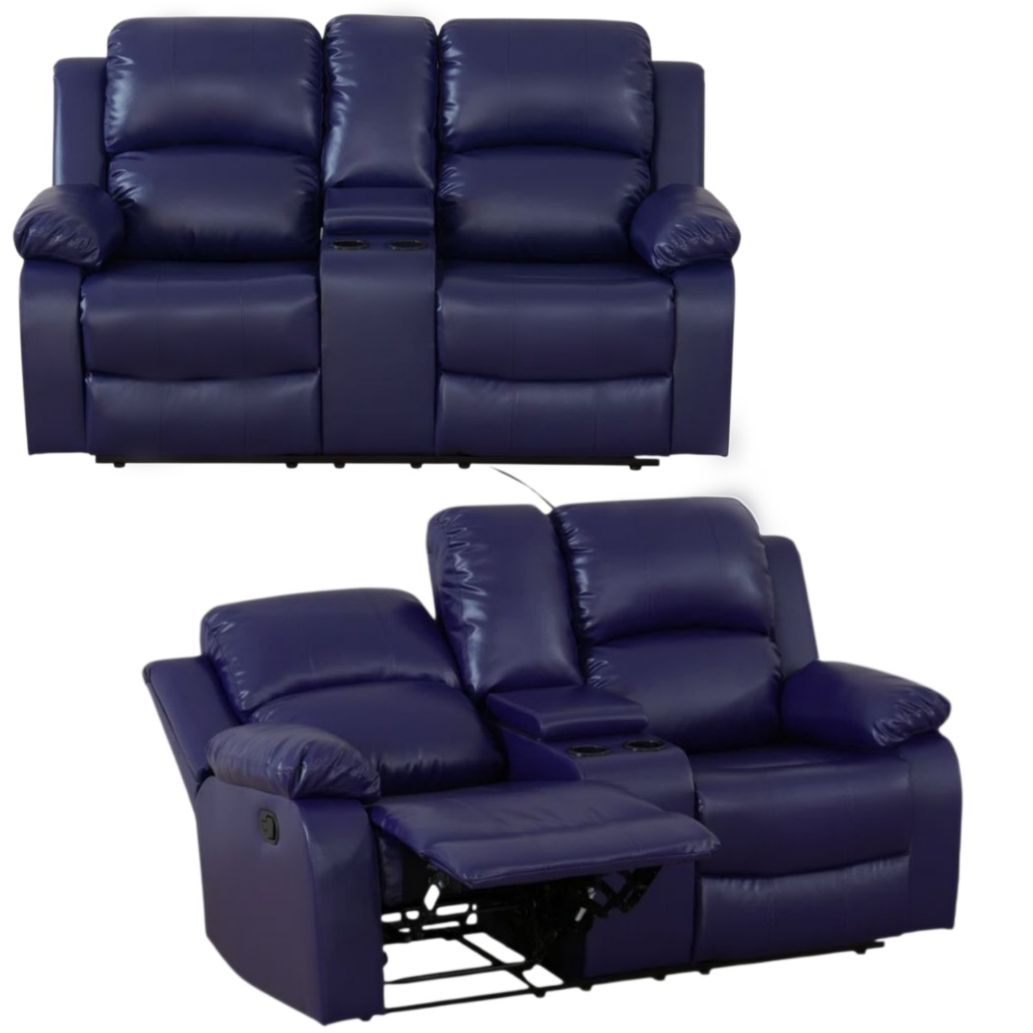 Blue Leather Recline Couch W/Cup Holder - image-2