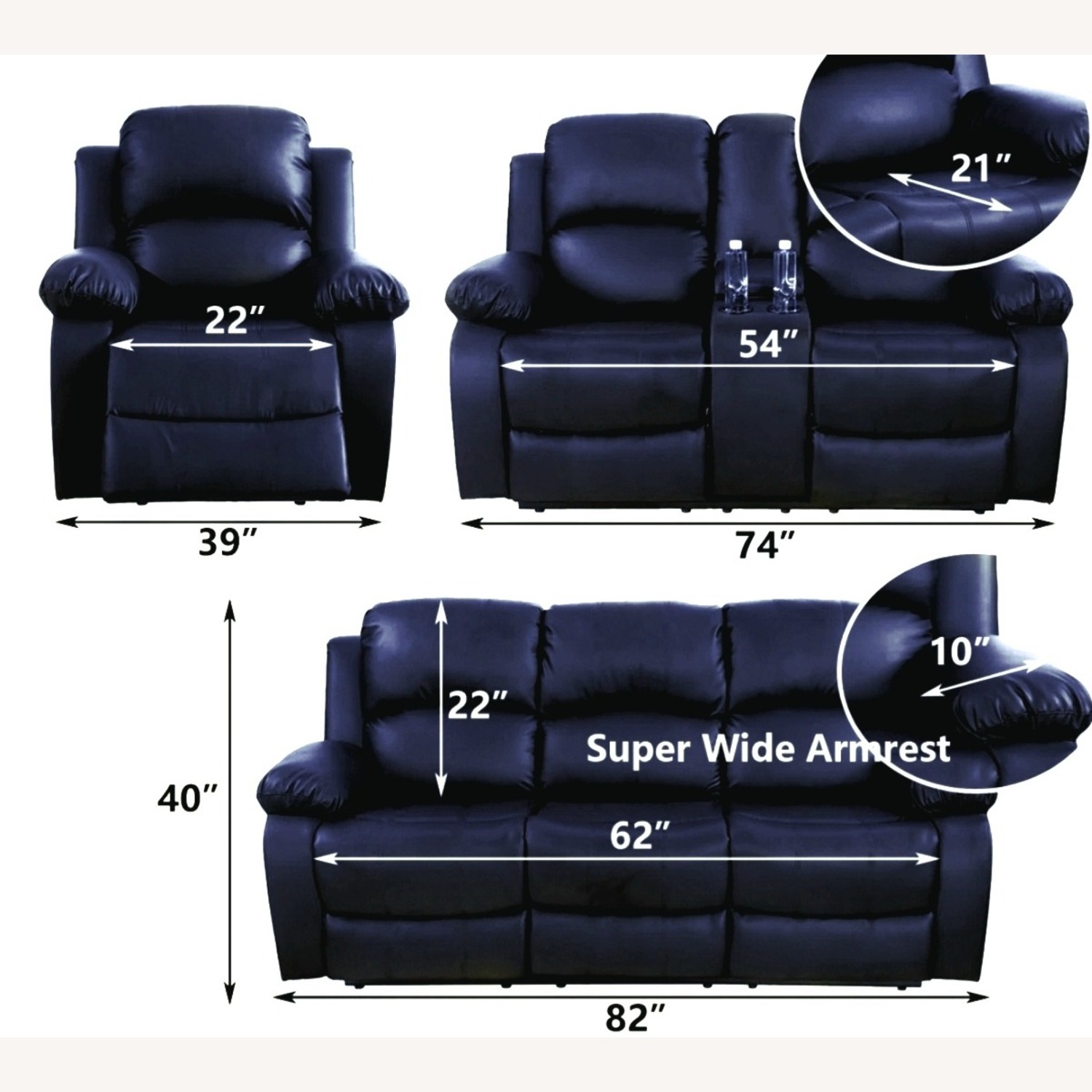 Blue Leather Recline Couch W/Cup Holder - image-4
