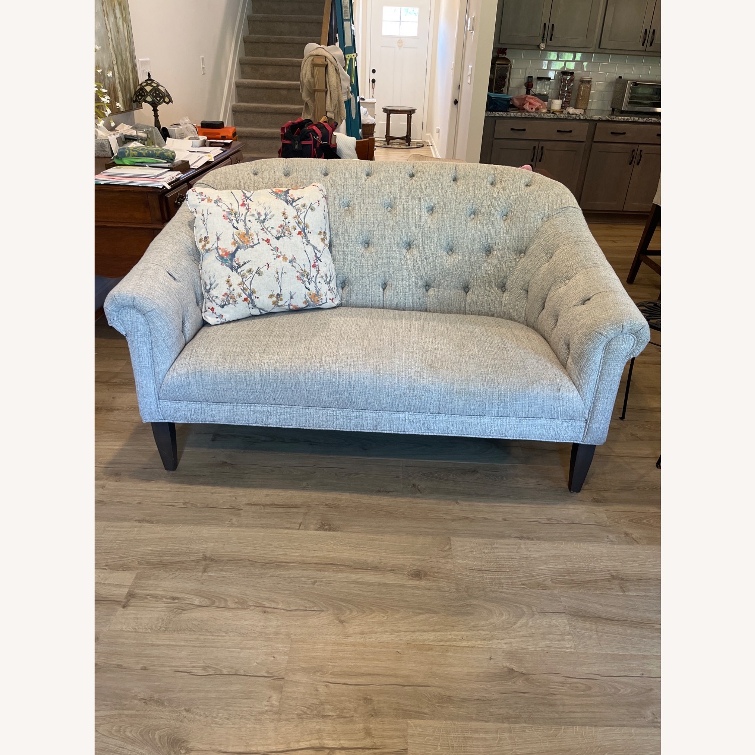 Earth Toned Blue and Beige Settee - image-3