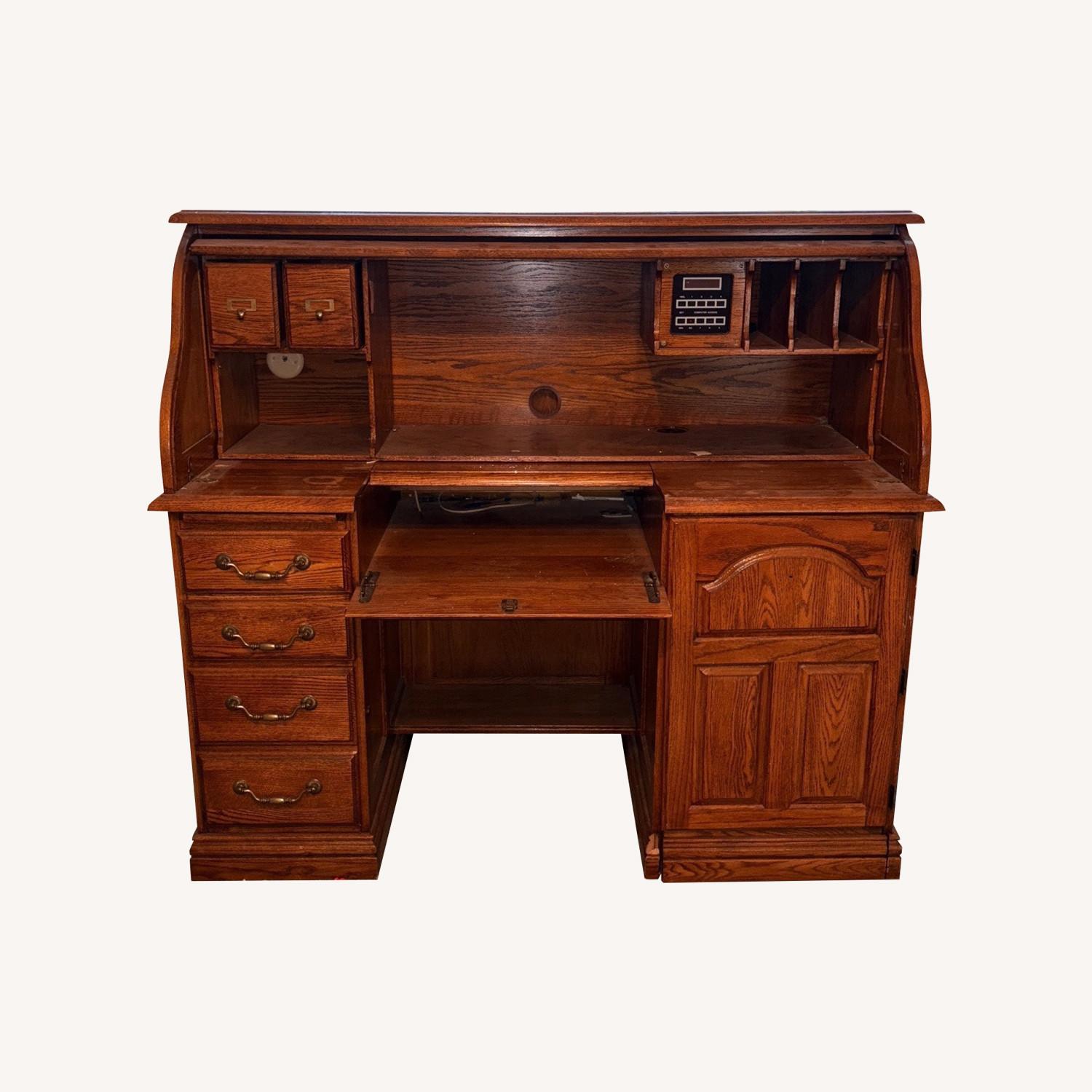 Wooden Roll Top Computer Desk - image-0