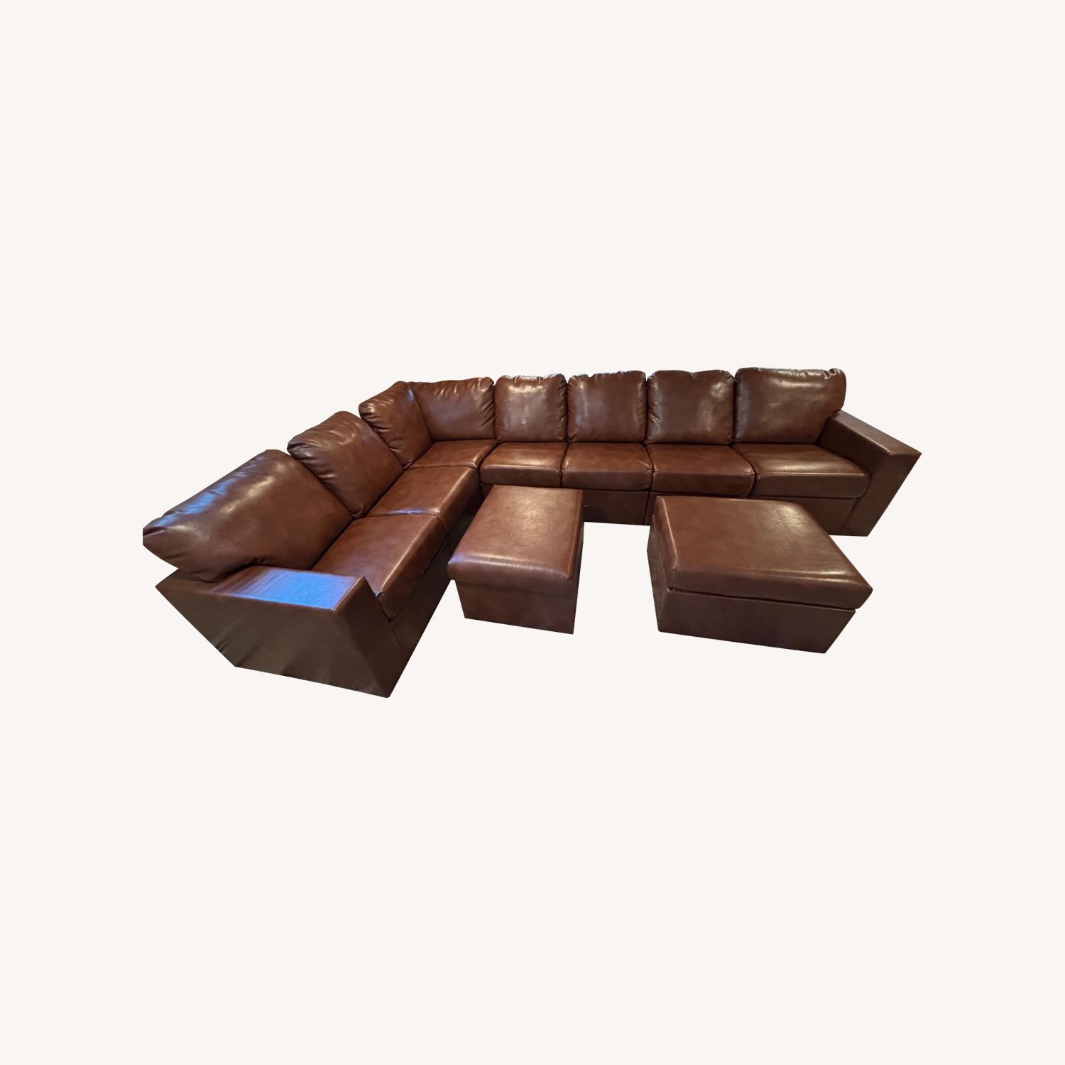 Faux Leather Sectional and Ottomans - image-0