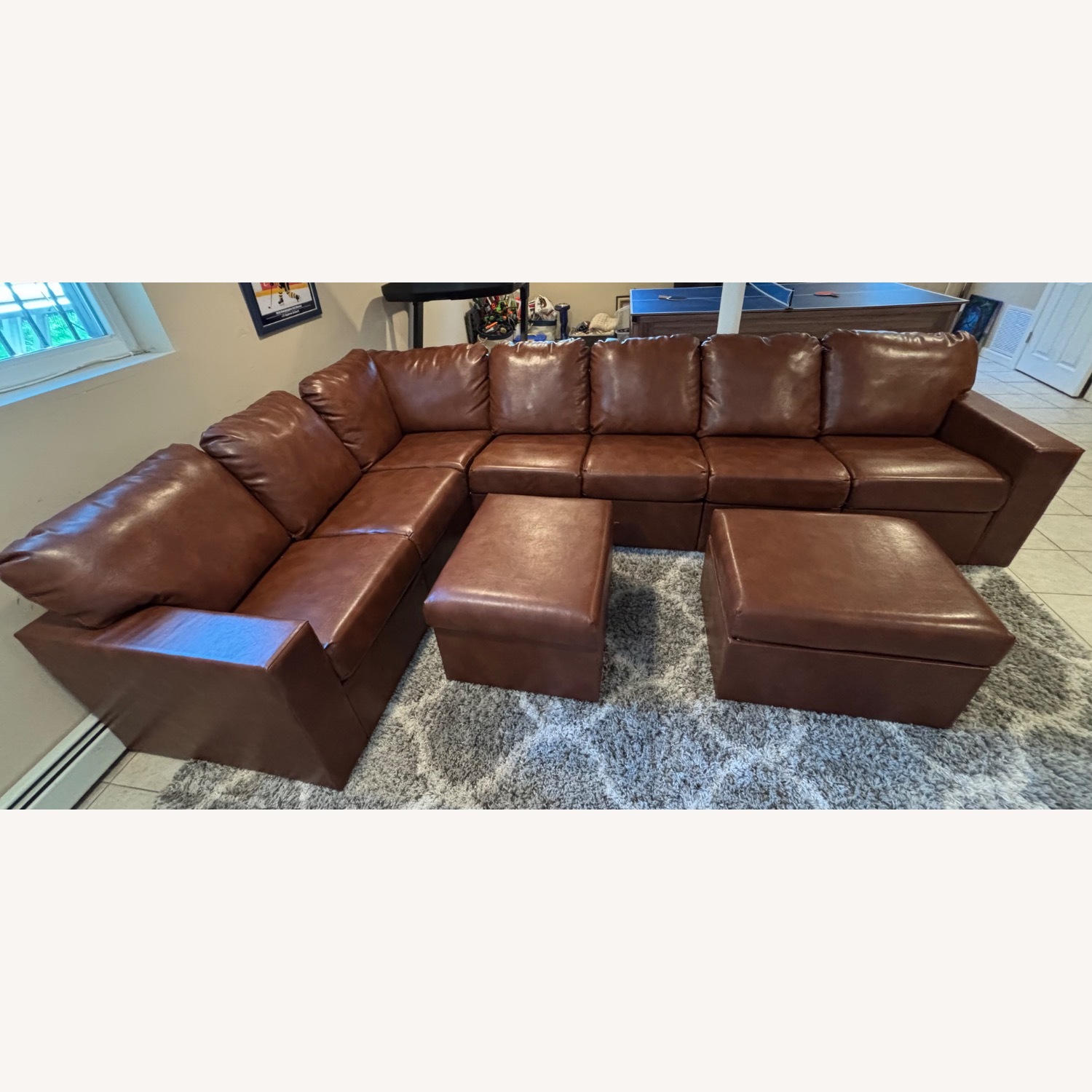 Faux Leather Sectional and Ottomans - image-1