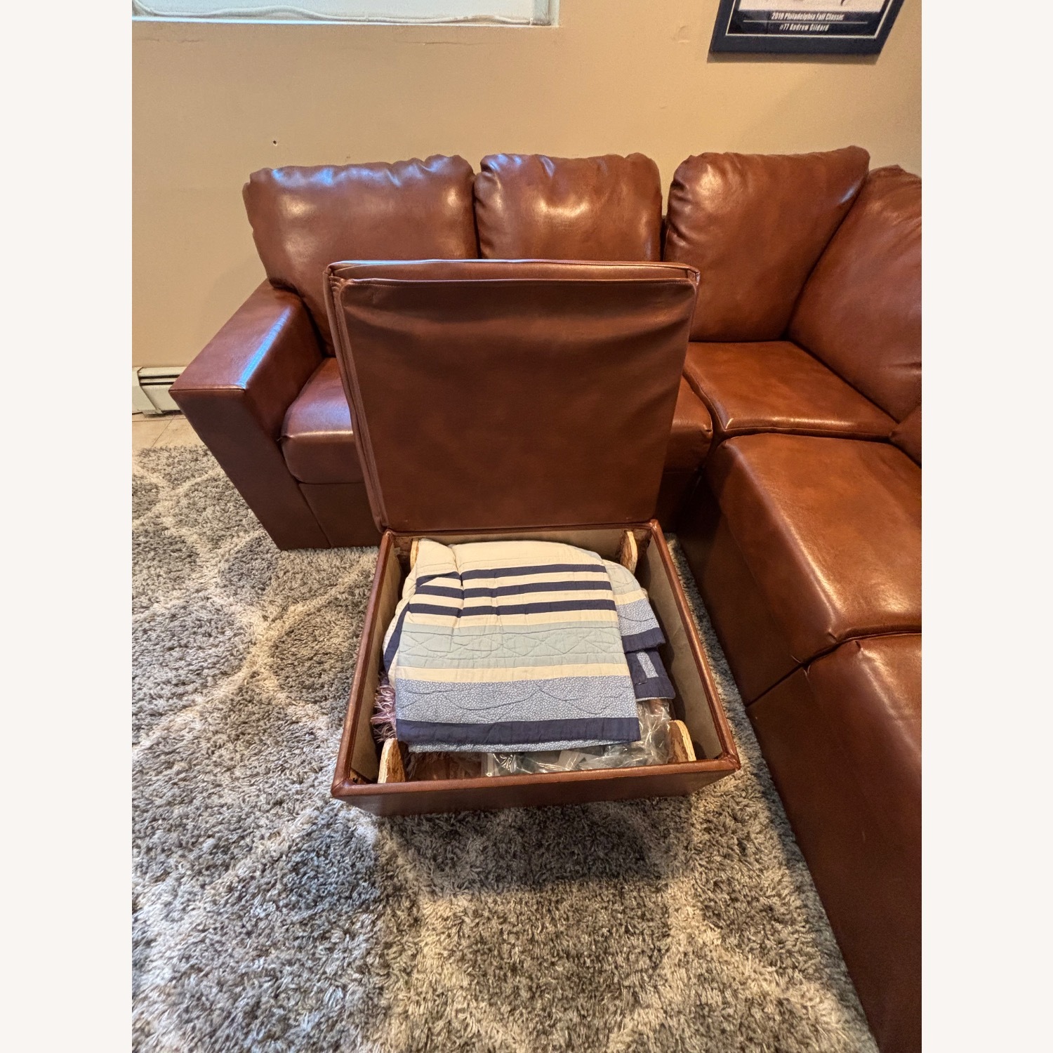 Faux Leather Sectional and Ottomans - image-4