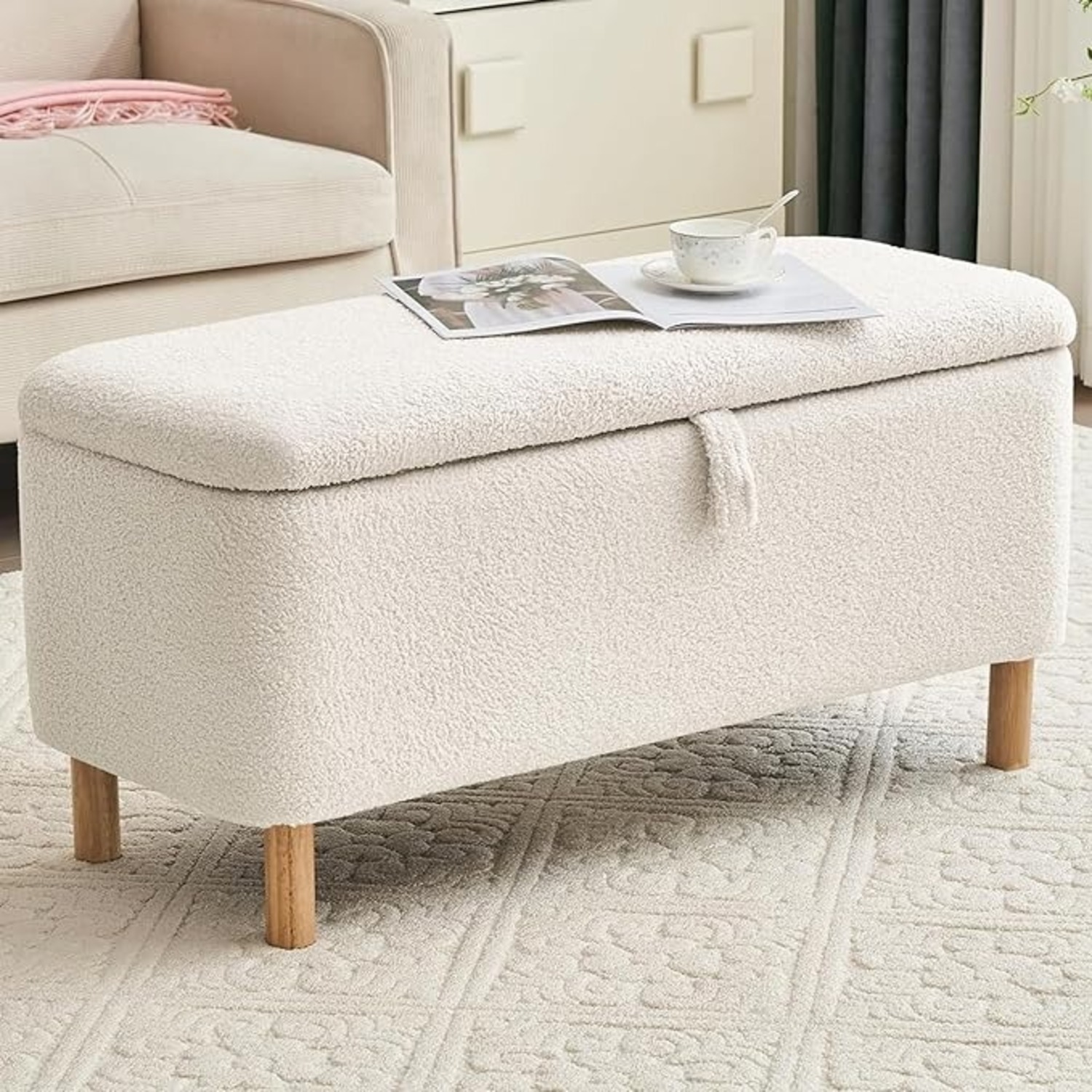 Boucle Storage Ottoman Bench - image-1