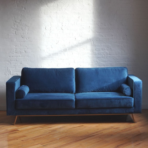 Used Comfy Mid Century Modern Sofa - Blue Velvet for sale on AptDeco