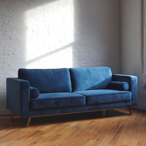 Used Comfy Mid Century Modern Sofa - Blue Velvet for sale on AptDeco