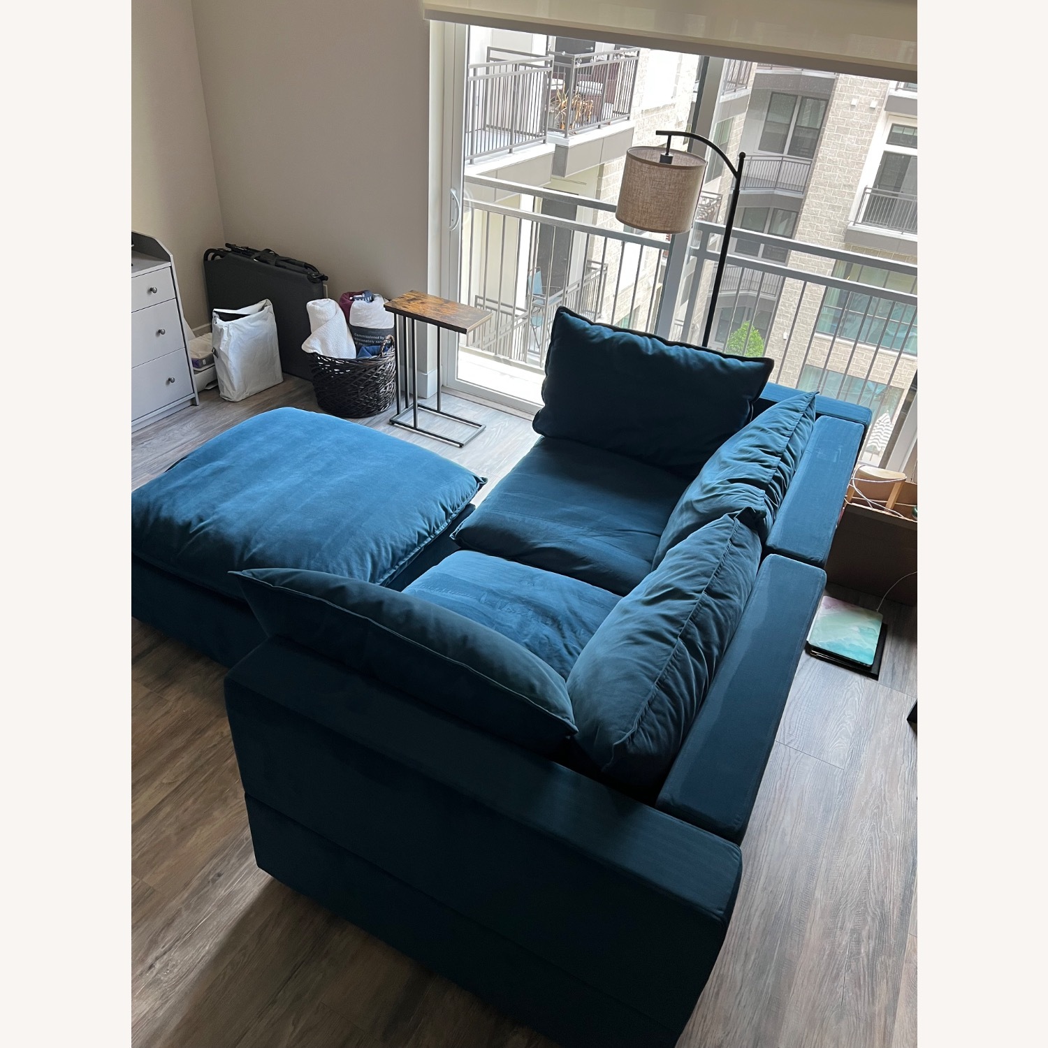 Albany Park Kova Navy Blue Loveseat + Ottoman - AptDeco