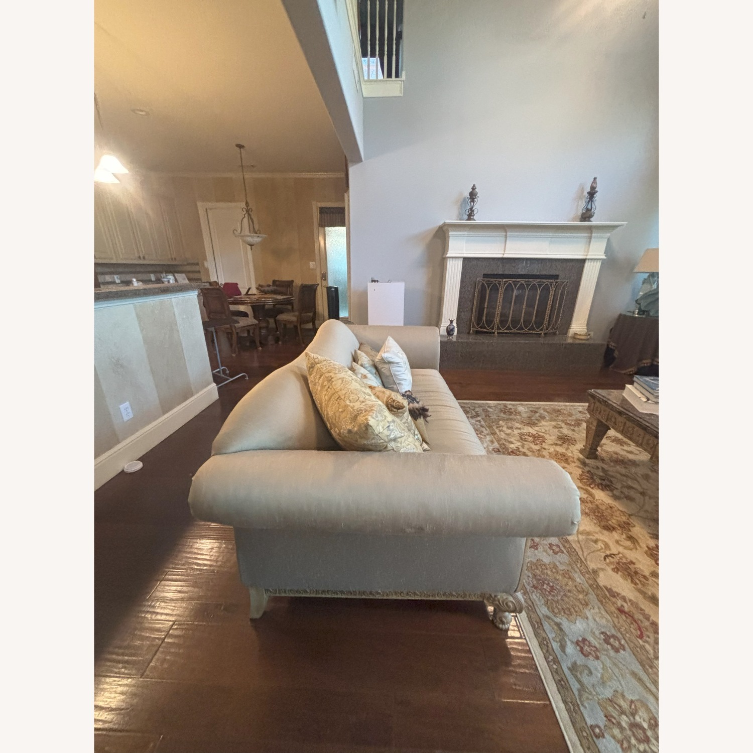 Silk Upholstered Sofa with Ornate Carved Wood Trim - image-3